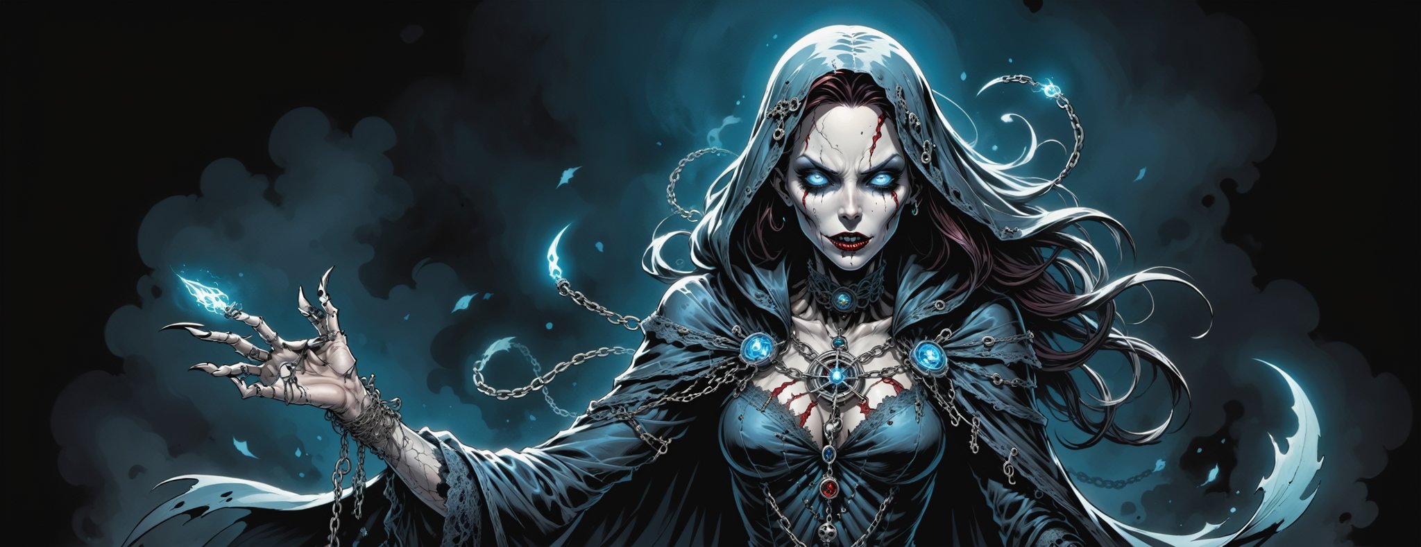 midshot, cel-shading style, centered image, ultra detailed illustration of the comic character ((female Spawn Victorian horror theme, a character of a spectral figure known as the "Haunted Harbinger", a ghostly apparition of a long-dead aristocrat, wears a tattered once-opulent suit adorned with decayed medals and frayed lace, translucent skin glows with an ethereal blue light,  eyes are empty sockets that emit a ghostly mist, chains hang from its wrists and ankles dragging along the ground with a haunting clatter, twisted face in eternal agony, carries a spectral lantern that casts an eerie flickering light by, Todd McFarlane)), posing,  with a skull emblem, ((holding a spear)), (((Full Body))),(((perfect hands))), (((accurate hands))), (((realistic hands))), (tetradic colors), inkpunk, ink lines, strong outlines, art by MSchiffer, bold traces, unframed, high contrast, cel-shaded, vector, 4k resolution, best quality, (chromatic aberration:1.8)