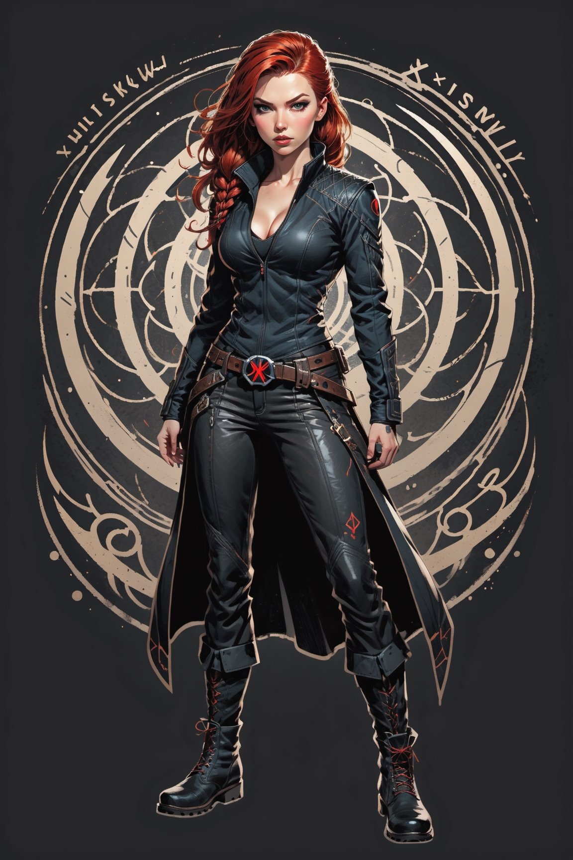 dark, gritty, realistic, mix of bold dark lines and loose lines, bold lines, on paper, turnaround character sheet, a stunningly beautiful (masterpiece, best quality:1.3), (2d:1.3), ink (medium), t-shirt design, White background, Full body, 2D illustration,  (((Black Widow))). bits of color, Sketch book, hand drawn, dark, gritty, realistic sketch, Rough sketch, mix of bold dark lines and loose lines, bold lines, on black paper, turnaround character sheet. Half body, arcane symbols, runes, dark theme, flowing partially braided red hair, large long ponytail, handsome, padded leather clothing, ((black leather pants)), button down shirt, ((leather jacket)), embroidered with runes, modest, leather rune embroidered boots, (sharp lines), lines of bold ink, strong outlines, bold strokes, high contrast, (professional vector), best quality, flat colors, flat lights, no shadows, low levels, ((geometric shapes)), paint splatters, arcane symbols, runes, dark theme, Perfect composition golden ratio, masterpiece, best quality, 4k, sharp focus. Better hand, perfect anatomy, ((safe for work))