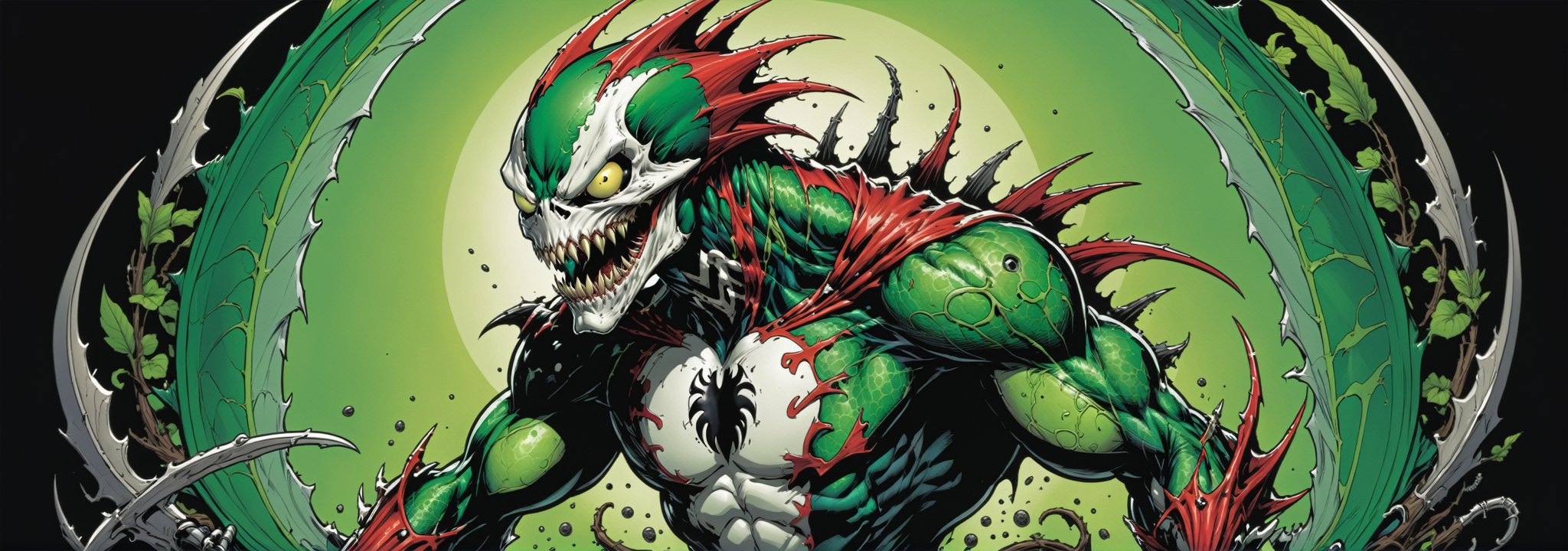 midshot, cel-shading style, centered image, ultra detailed illustration of the comic character ((Spawn lizard, by Todd McFarlane)), posing, green, light green, brown, and black body suit with a skull emblem, ((Full Body)) ,ornate background, (tetradic colors), inkpunk, ink lines, strong outlines, art by MSchiffer, bold traces, unframed, high contrast, cel-shaded, vector, 4k resolution, best quality, (chromatic aberration:1.8)