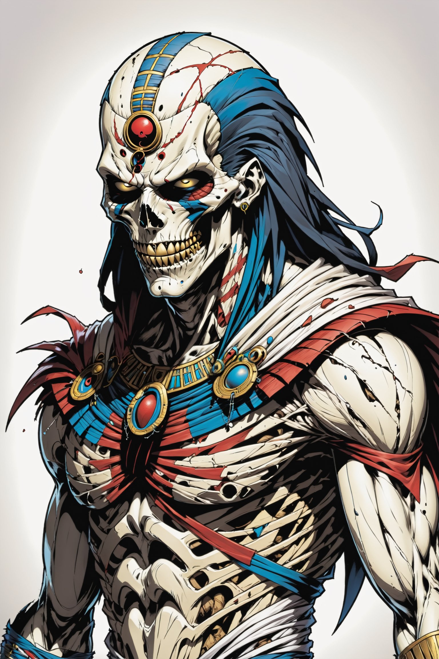 midshot, cel-shading style, centered image, ultra detailed illustration of the comic character ((male Spawn Egyptian mummy, by Todd McFarlane)), posing, wrapped in tattered bandages all over the body, ((Half Body)), (tetradic colors), inkpunk, ink lines, strong outlines, art by MSchiffer, bold traces, unframed, high contrast, cel-shaded, vector, 4k resolution, best quality, (chromatic aberration:1.8)