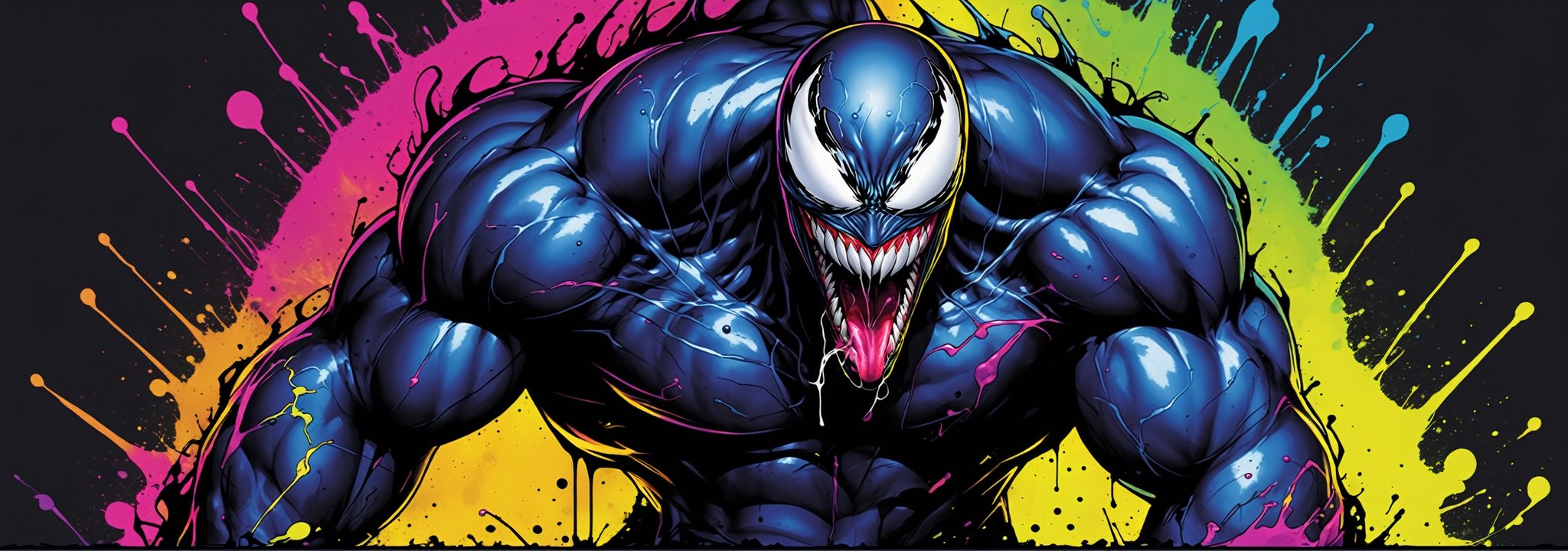 midshot, cel-shading style, centered image, ultra detailed illustration of Venom posing, ((Full Body)), (tetradic colors), ((inkpunk)), ((ink lines)), ink splatter, strong outlines, art by MSchiffer, bold traces, unframed, high contrast, cel-shaded, vector, 4k resolution, best quality, (chromatic aberration:1.8)