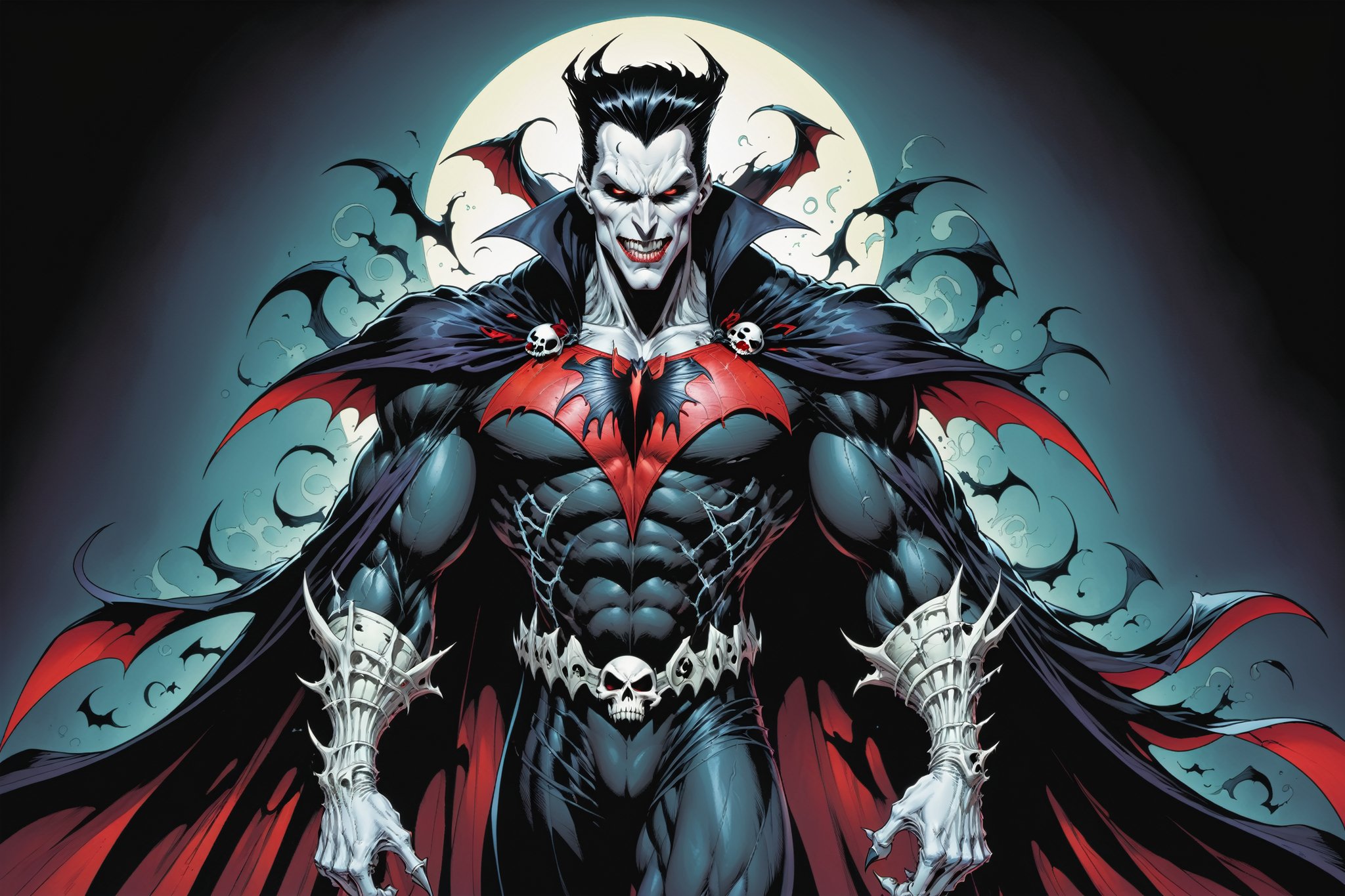 midshot, cel-shading style, centered image, ultra detailed illustration of the comic character ((male Spawn Dracula, by Todd McFarlane)), posing,  he has black  hair, black suit with a skull emblem, long flowing cape, ((Half Body)), (tetradic colors), inkpunk, ink lines, strong outlines, art by MSchiffer, bold traces, unframed, high contrast, cel-shaded, vector, 4k resolution, best quality, (chromatic aberration:1.8)