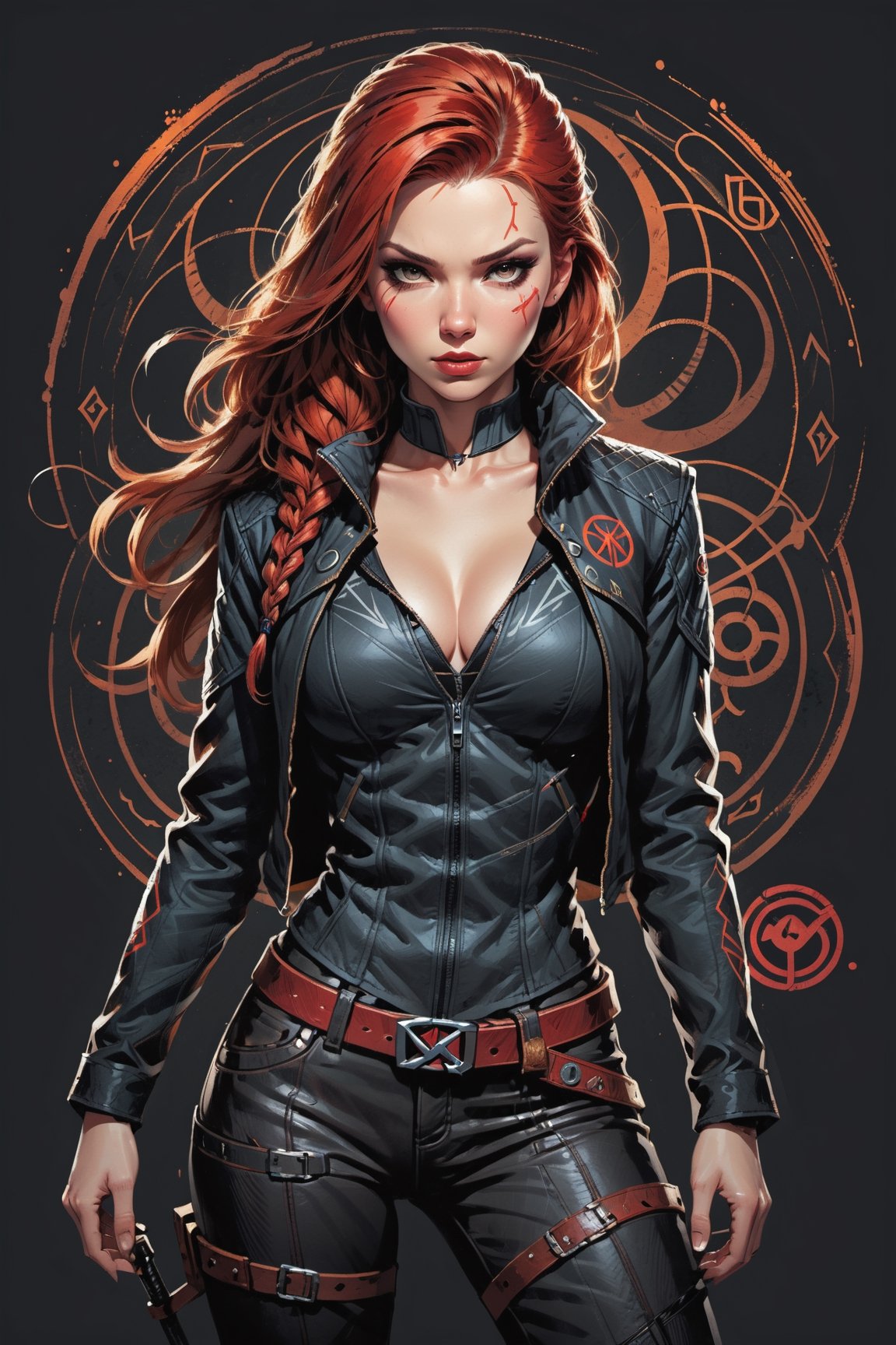 dark, gritty, realistic, mix of bold dark lines and loose lines, bold lines, on paper, turnaround character sheet, a stunningly beautiful (masterpiece, best quality:1.3), (2d:1.3), ink (medium), t-shirt design, White background, Full body, 2D illustration,  (((Black Widow))). bits of color, Sketch book, hand drawn, dark, gritty, realistic sketch, Rough sketch, mix of bold dark lines and loose lines, bold lines, on black paper, turnaround character sheet. Half body, arcane symbols, runes, dark theme, flowing partially braided red hair, large long ponytail, handsome, padded leather clothing, ((black leather pants)), button down shirt, ((leather jacket)), embroidered with runes, modest, leather rune embroidered boots, (sharp lines), lines of bold ink, strong outlines, bold strokes, high contrast, (professional vector), best quality, flat colors, flat lights, no shadows, low levels, ((geometric shapes)), paint splatters, arcane symbols, runes, dark theme, Perfect composition golden ratio, masterpiece, best quality, 4k, sharp focus. Better hand, perfect anatomy, ((safe for work))