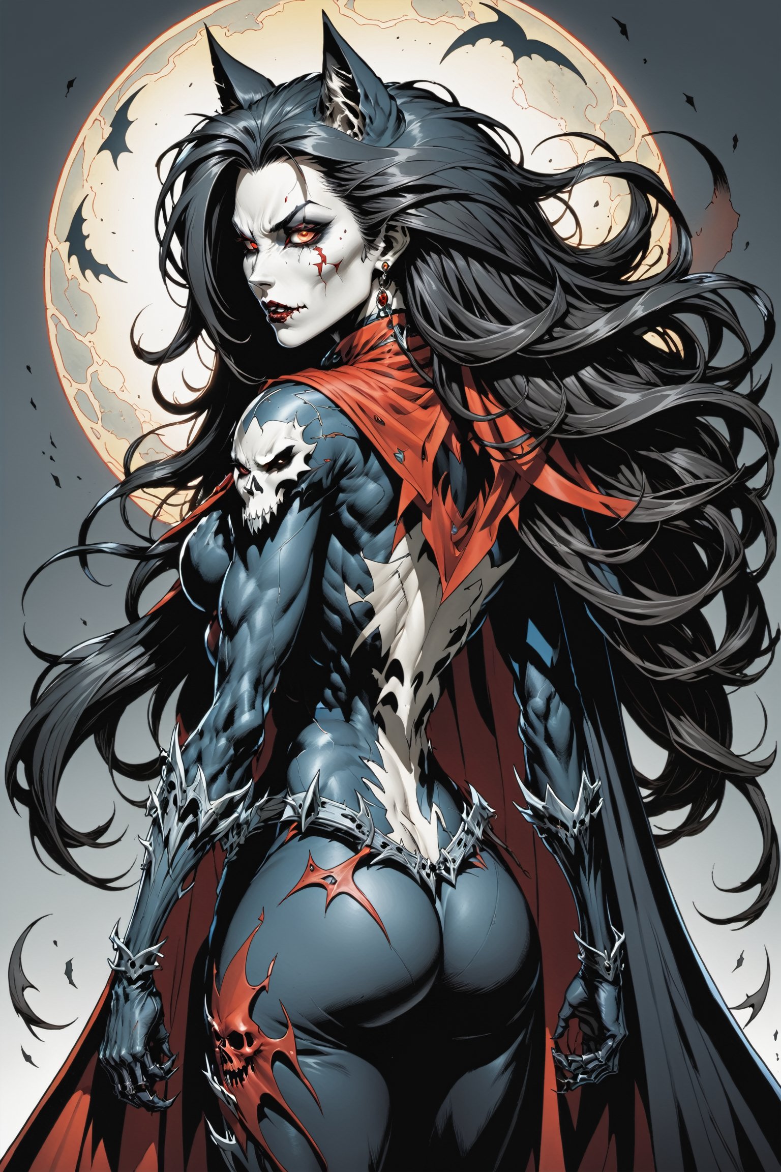 midshot, cel-shading style, centered image, ultra detailed illustration of the comic character ((female Spawn Wolf lady, by Todd McFarlane)), posing, long black long hair, Gray rust, and black suit with a skull emblem, rust flowing cape, ((view from Behind she’s looking over her shoulder)),  ((she has a wolf snout)), ((Full Body)), ((view from behind)), ((perfect hands)), (tetradic colors), inkpunk, ink lines, strong outlines, art by MSchiffer, bold traces, unframed, high contrast, cel-shaded, vector, 4k resolution, best quality, (chromatic aberration:1.8)