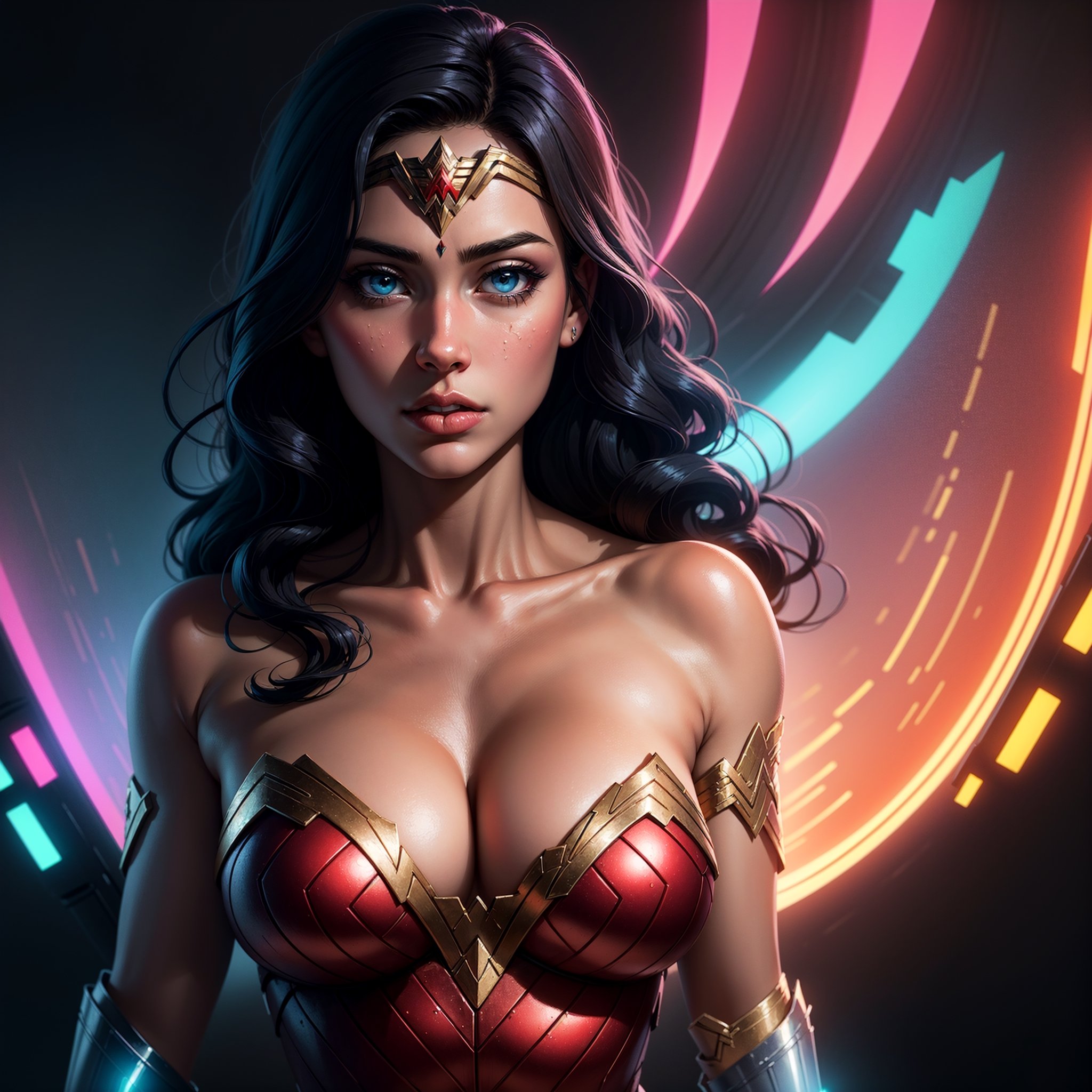 Wonder Woman (big tits) masterpiece, best quality, ((abstract, psychedelic, neon, background)),(creative:1.3), sy3, SMM, fantasy00d