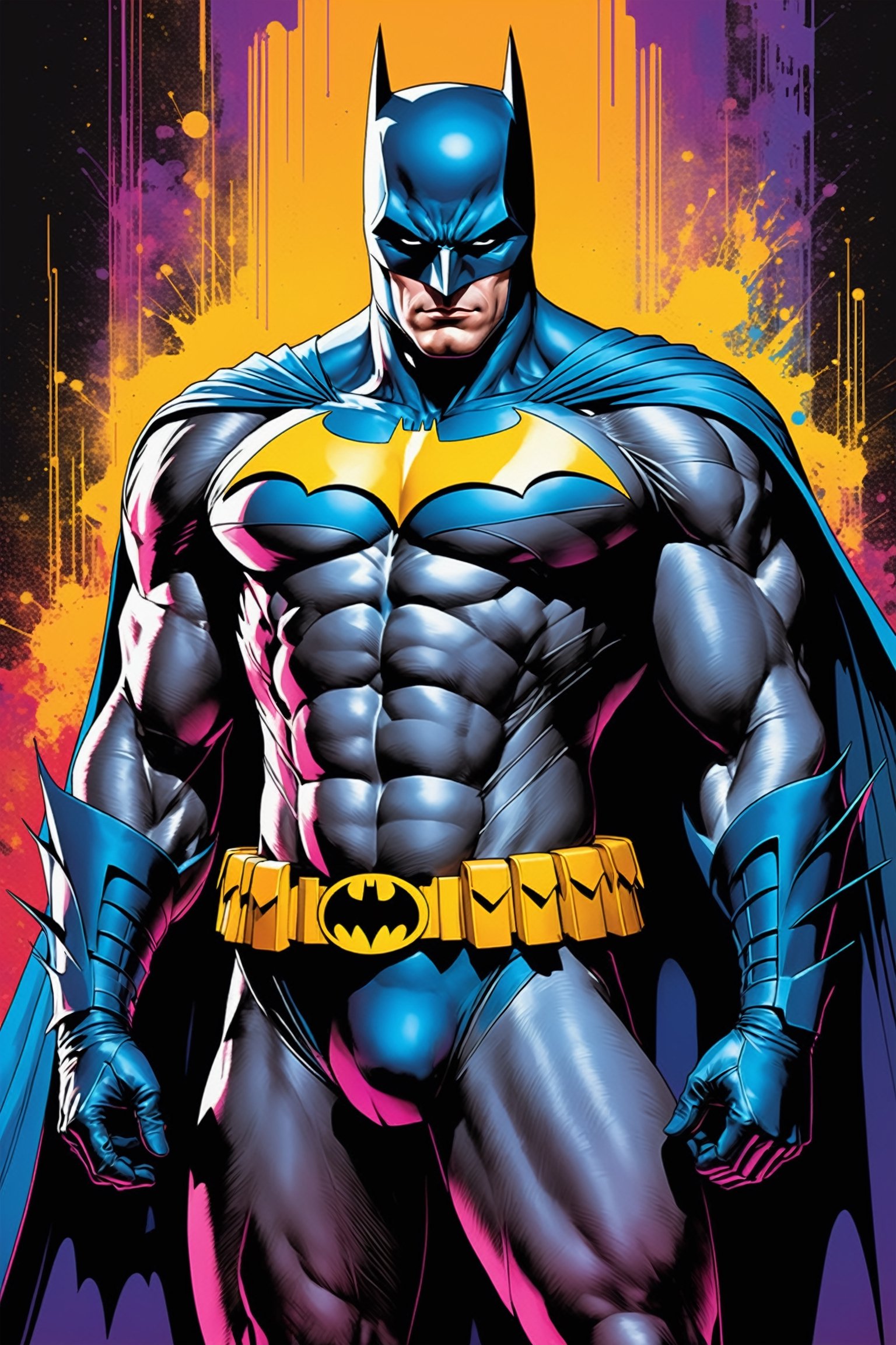 midshot, cel-shading style, centered image, ultra detailed illustration of Batman, posing, ((Full Body)), (tetradic colors), inkpunk, ink lines, strong outlines, art by MSchiffer, bold traces, unframed, high contrast, cel-shaded, vector, 4k resolution, best quality, (chromatic aberration:1.8)