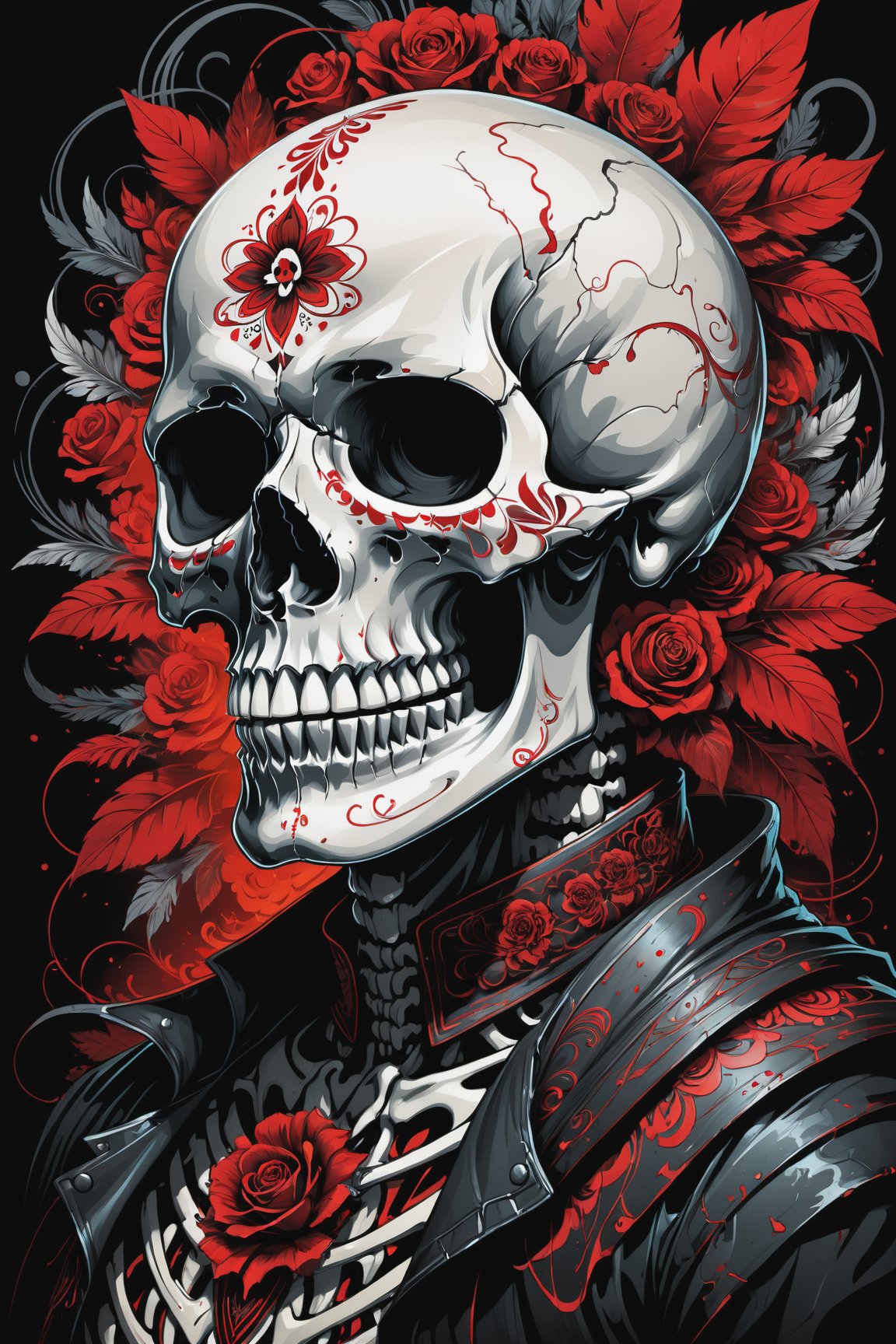 cel-shading style, centered image, ultra detailed illustration of the comic character (( a Very detailed illustration of a ((best quality)), ((masterpiece)), (detailed), mesmerizing, the skull, day of the dead art by linyu hong, in the style of dark white and red, graffiti art, realistic hyper-detail, intricate composition, monumental murals, silver and red, contemporary chicano(masterpiece, best quality, ultra-detailed) , unsettling atmosphere, high key lighting , vector Black, red, , staGlenn Brown, Carne Griffiths, Alex Ross, artgerm and james jean bangs, by Todd McFarlane)),  (((perfect hands))), (((dark Moody candlelight in the background))), accent of rust, (tetradic colors), inkpunk, ink lines, strong outlines, art by MSchiffer, bold traces, unframed, high contrast, cel-shaded, vector, 4k resolution,