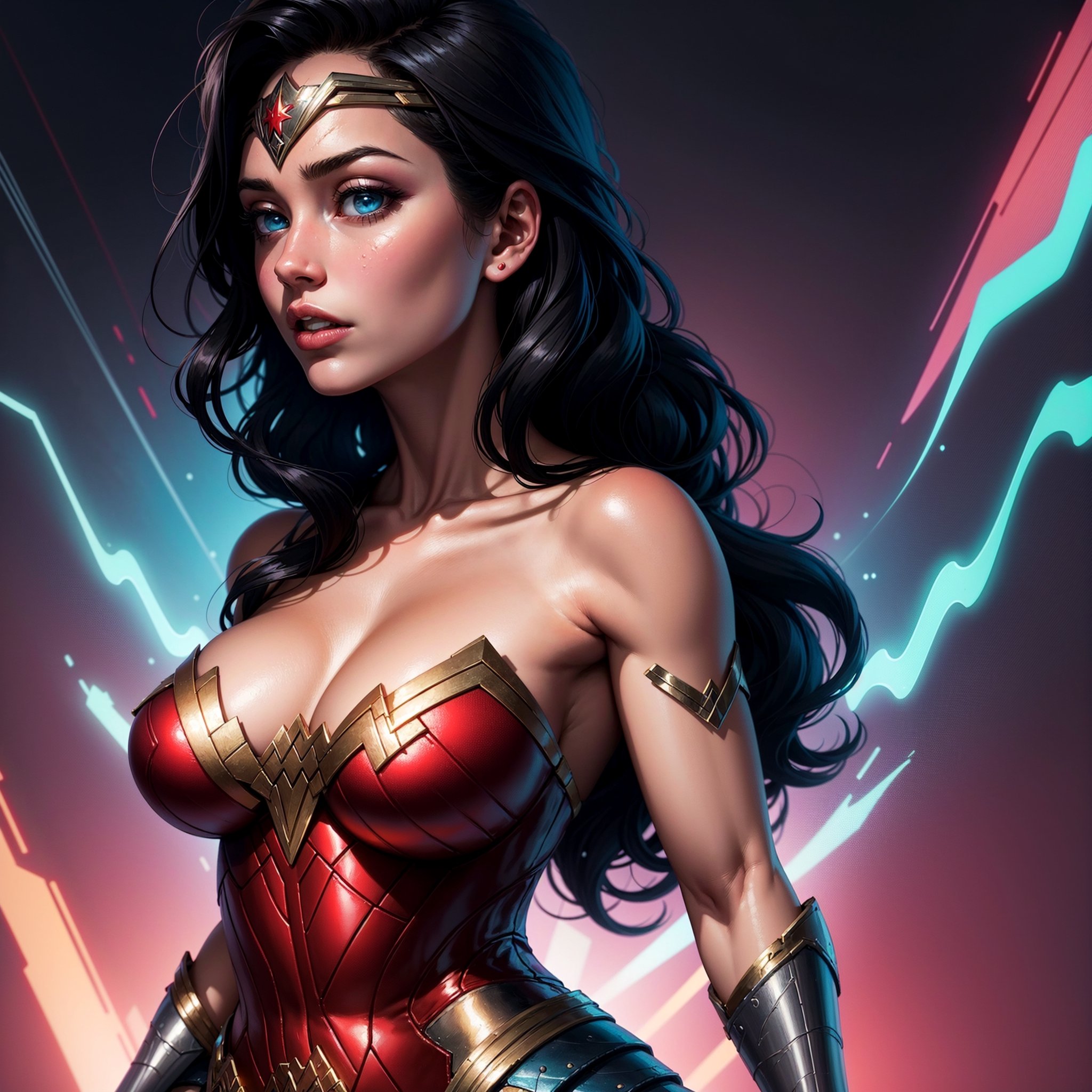 Wonder Woman (big tits) masterpiece, best quality, ((abstract, psychedelic, neon, background)),(creative:1.3), sy3, SMM, fantasy00d