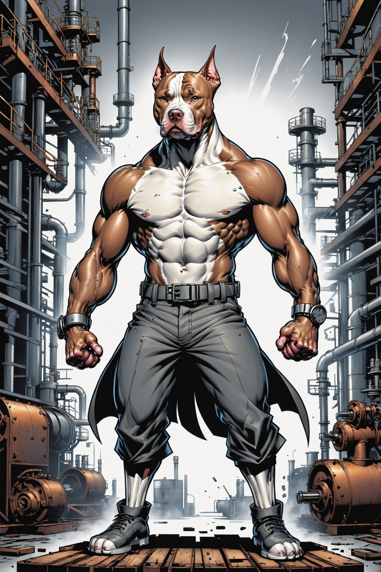 midshot, cel-shading style, centered image, ultra detailed illustration of the comic character ((The Pitbull , ((industrial background)), by Todd McFarlane)), posing, (((Full Body))),  (((it's coloring are White, brown and gray))), ((natural colors)), inkpunk, ink lines, strong outlines, art by MSchiffer, bold traces, unframed, high contrast, cel-shaded, vector, 4k resolution, best quality, (chromatic aberration:1.8