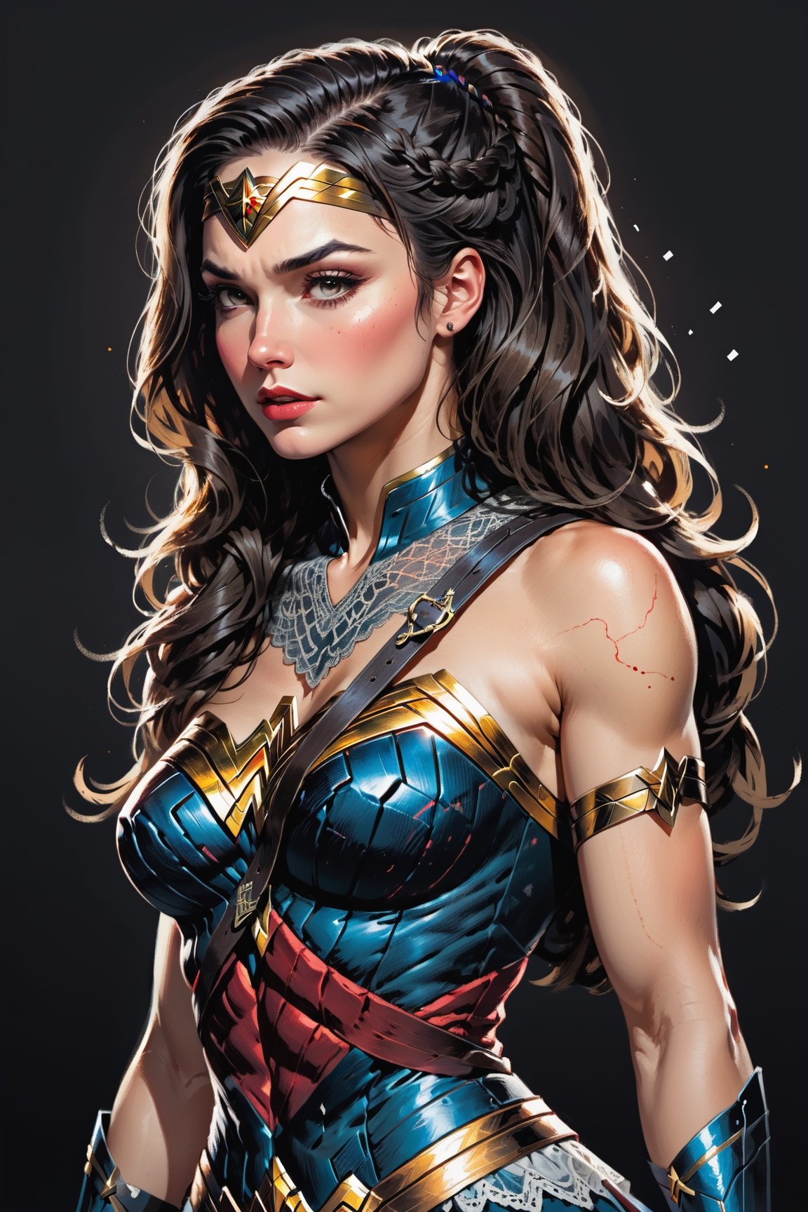 dark, gritty, realistic, mix of bold dark lines and loose lines, bold lines, on paper, turnaround character sheet, a stunningly beautiful (masterpiece, best quality:1.3), (2d:1.3), ink (medium), t-shirt design, White background, Full body, 2D illustration,  (((Wonder Woman))). bits of color, Sketch book, hand drawn, dark, gritty, realistic sketch, Rough sketch, mix of bold dark lines and loose lines, bold lines, on black paper, turnaround character sheet. Half body, ((she is looking over her shoulder)), ((she's wearing a lacy Victorian dress)), arcane symbols, runes, dark theme, flowing partially braided Black hair, large long ponytail, (sharp lines), lines of bold ink, strong outlines, bold strokes, high contrast, (professional vector), best quality, flat colors, flat lights, no shadows, low levels, ((geometric shapes)), paint splatters, arcane symbols, runes, dark theme, Perfect composition golden ratio, masterpiece, best quality, 4k, sharp focus. Better hand, perfect anatomy, ((safe for work))