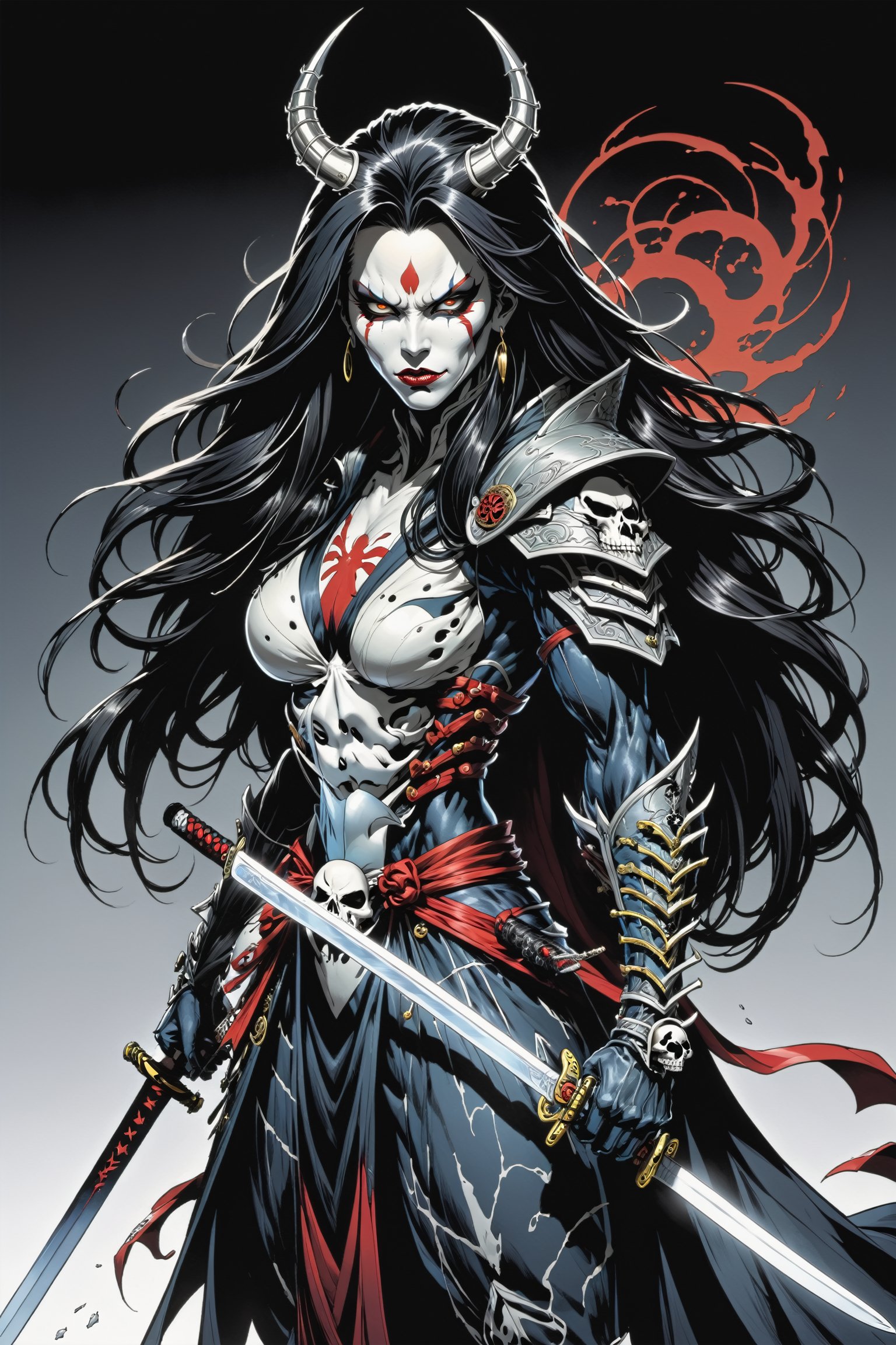 midshot, cel-shading style, centered image, ultra detailed illustration of the comic character ((female Spawn Samurai lady, by Todd McFarlane)), posing, long black long hair, silver and black suit with a skull emblem, long flowing cape,  holding samurai sword, ((Full Body)), (tetradic colors), inkpunk, ink lines, strong outlines, art by MSchiffer, bold traces, unframed, high contrast, cel-shaded, vector, 4k resolution, best quality, (chromatic aberration:1.8)