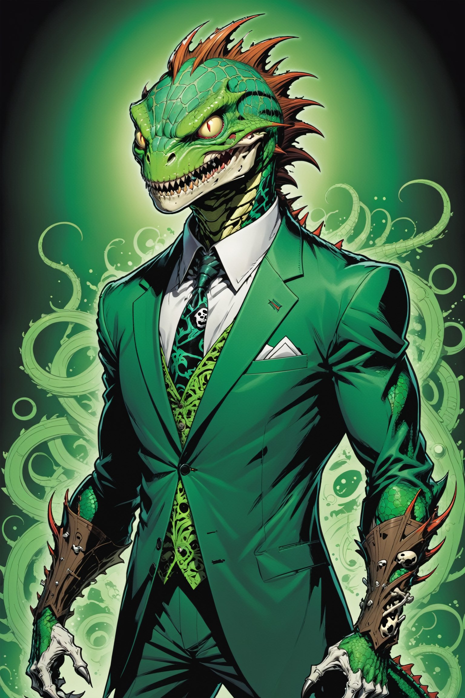 midshot, cel-shading style, centered image, ultra detailed illustration of the comic character ((lizard Spawn by Todd McFarlane)), posing, green, light green, brown, and black suit with a skull emblem, ((Full Body)) ,ornate background, (tetradic colors), inkpunk, ink lines, strong outlines, art by MSchiffer, bold traces, unframed, high contrast, cel-shaded, vector, 4k resolution, best quality, (chromatic aberration:1.8)