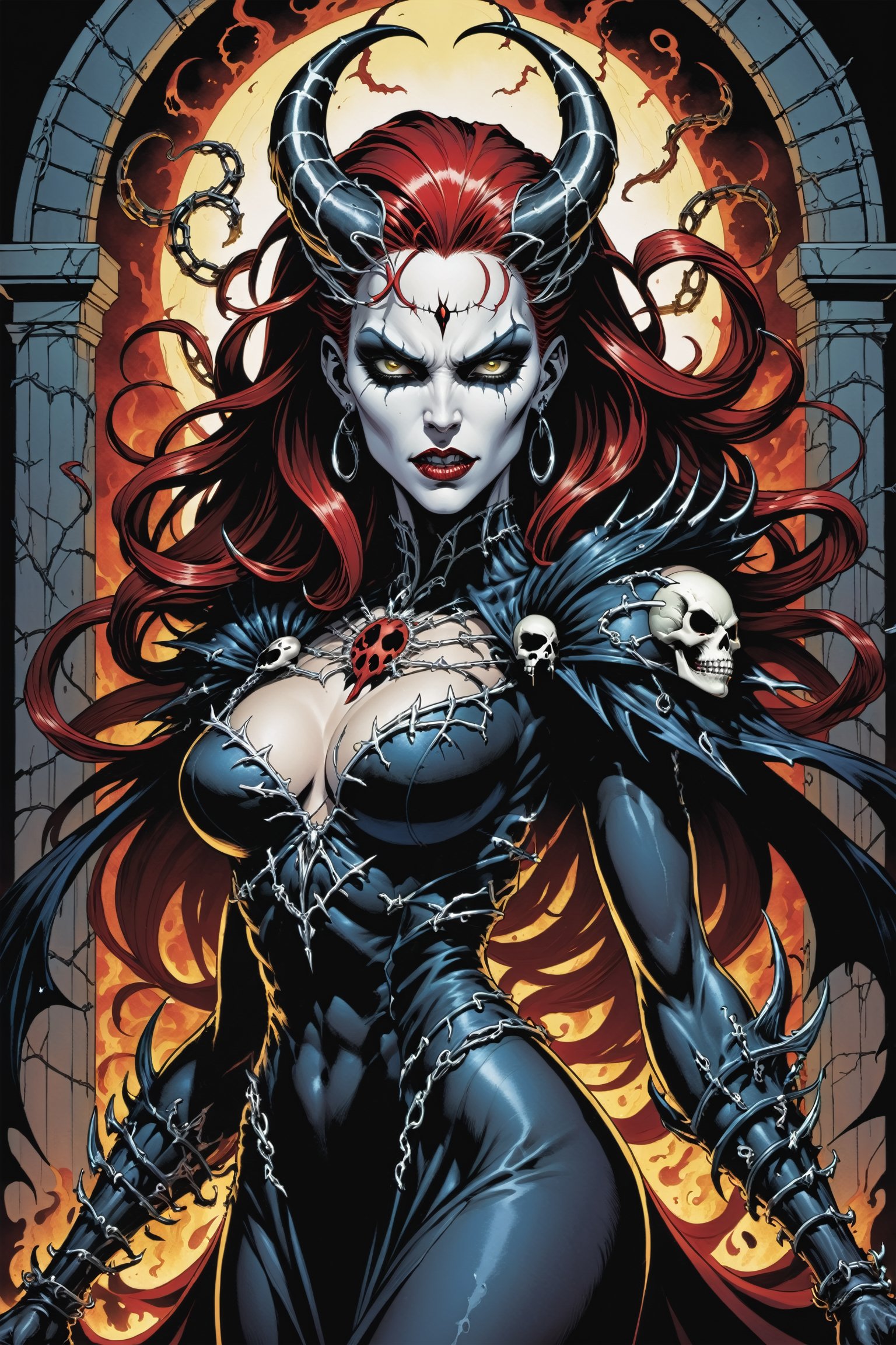 midshot, cel-shading style, centered image, ultra detailed illustration of the comic character ((female Spawn Queen of the Damned by Todd McFarlane)), posing, Black, dress with a skull emblem, ((half Body)), ((the gates of hell in the background)), (tetradic colors), inkpunk, ink lines, strong outlines, art by MSchiffer, bold traces, unframed, high contrast, cel-shaded, vector, 4k resolution, best quality, (chromatic aberration:1.8)