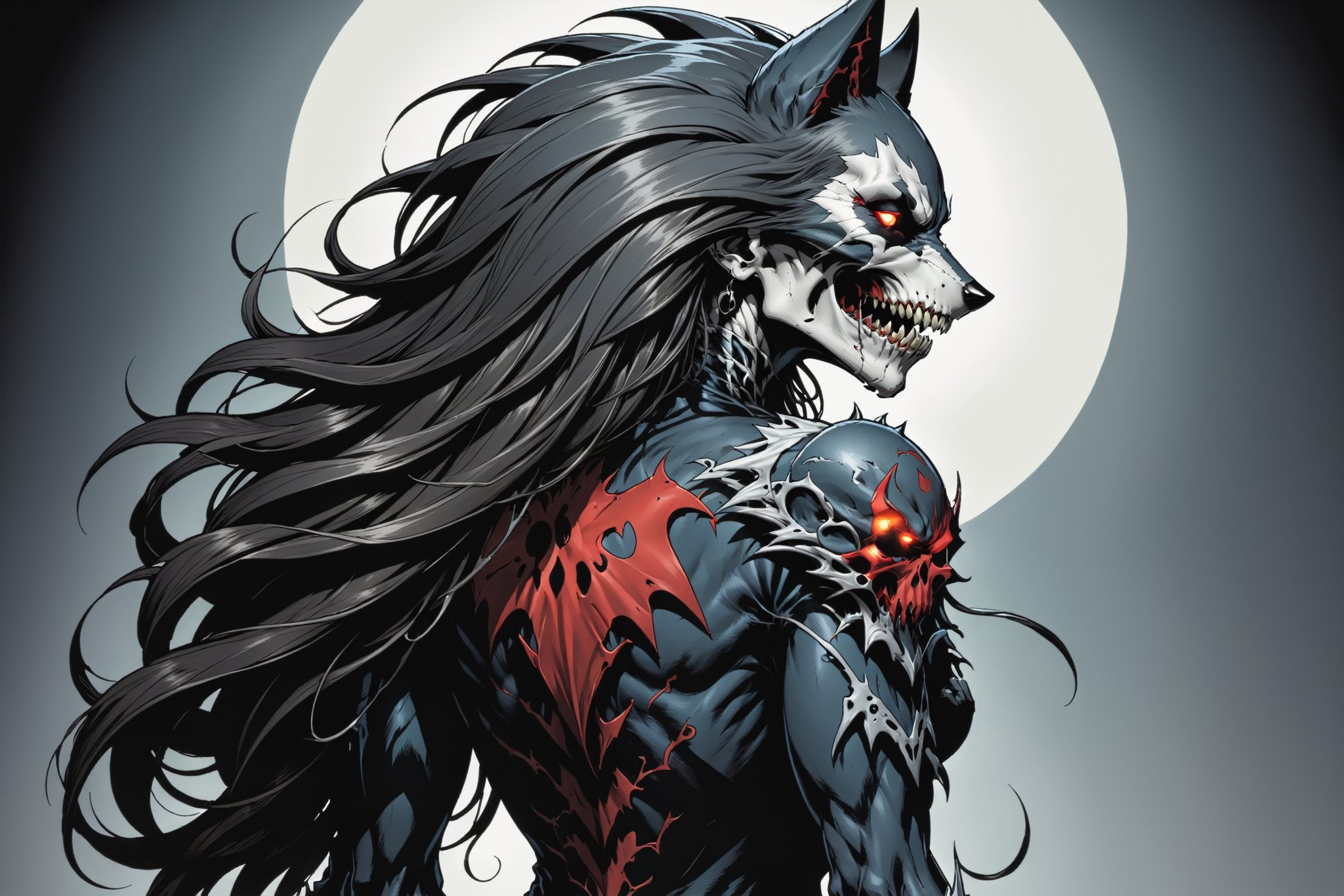 midshot, cel-shading style, centered image, ultra detailed illustration of the comic character ((female Spawn Wolf lady, by Todd McFarlane)), posing, long black long hair, Gray rust, and black suit with a skull emblem, ((view from Behind she’s looking over her shoulder)),  ((she has a wolf snout)), ((Full Body)), ((view from behind)), ((perfect hands)), (tetradic colors), inkpunk, ink lines, strong outlines, art by MSchiffer, bold traces, unframed, high contrast, cel-shaded, vector, 4k resolution, best quality, (chromatic aberration:1.8)