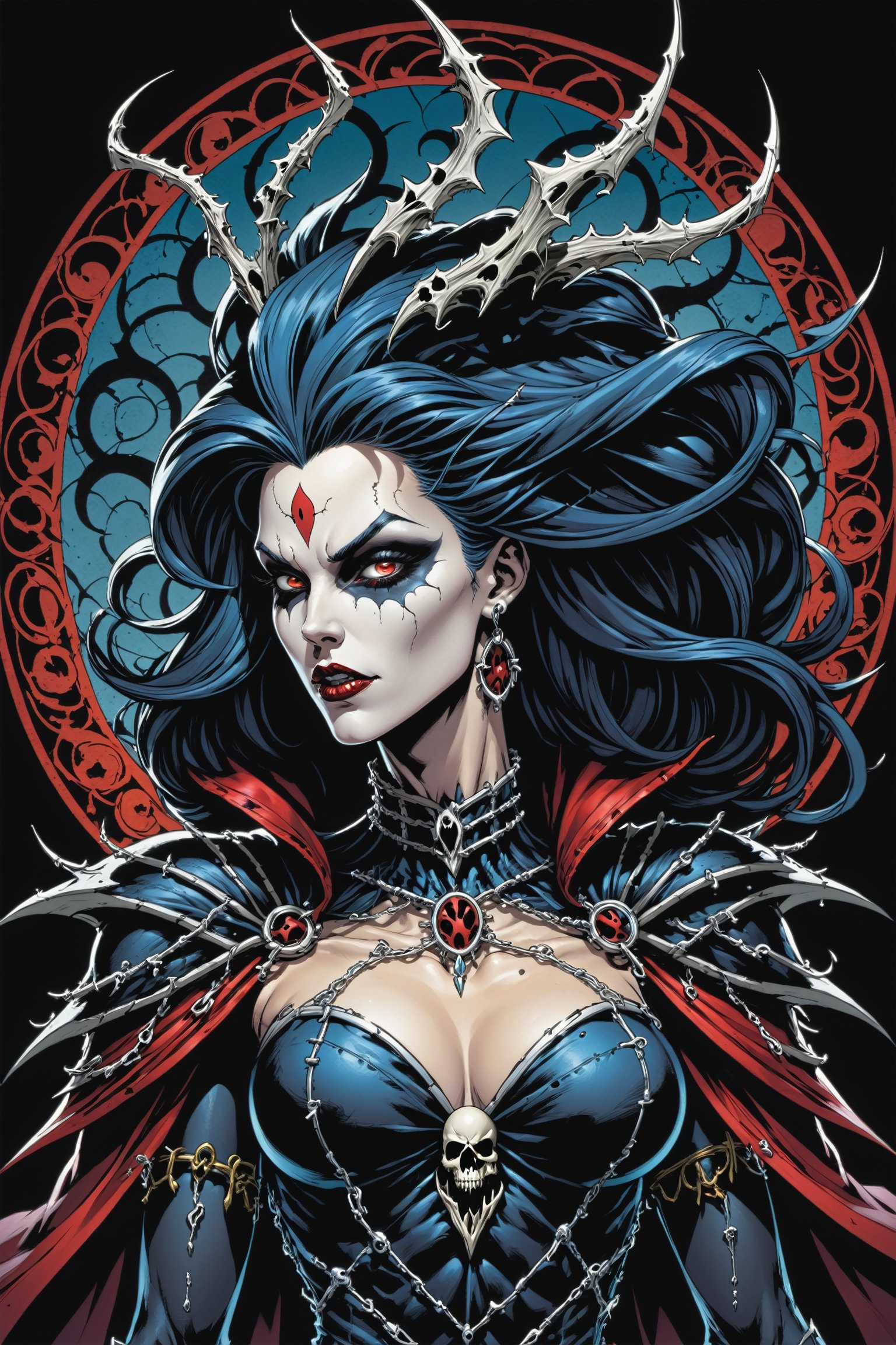 midshot, cel-shading style, centered image, ultra detailed illustration of the comic character ((female Spawn Queen of the Damned by Todd McFarlane)), posing, Black, dress with a skull emblem, ((View from Behind she's looking over her shoulder)), ((Full Body)), ((View from behind)), (tetradic colors), inkpunk, ink lines, strong outlines, art by MSchiffer, bold traces, unframed, high contrast, cel-shaded, vector, 4k resolution, best quality, (chromatic aberration:1.8)