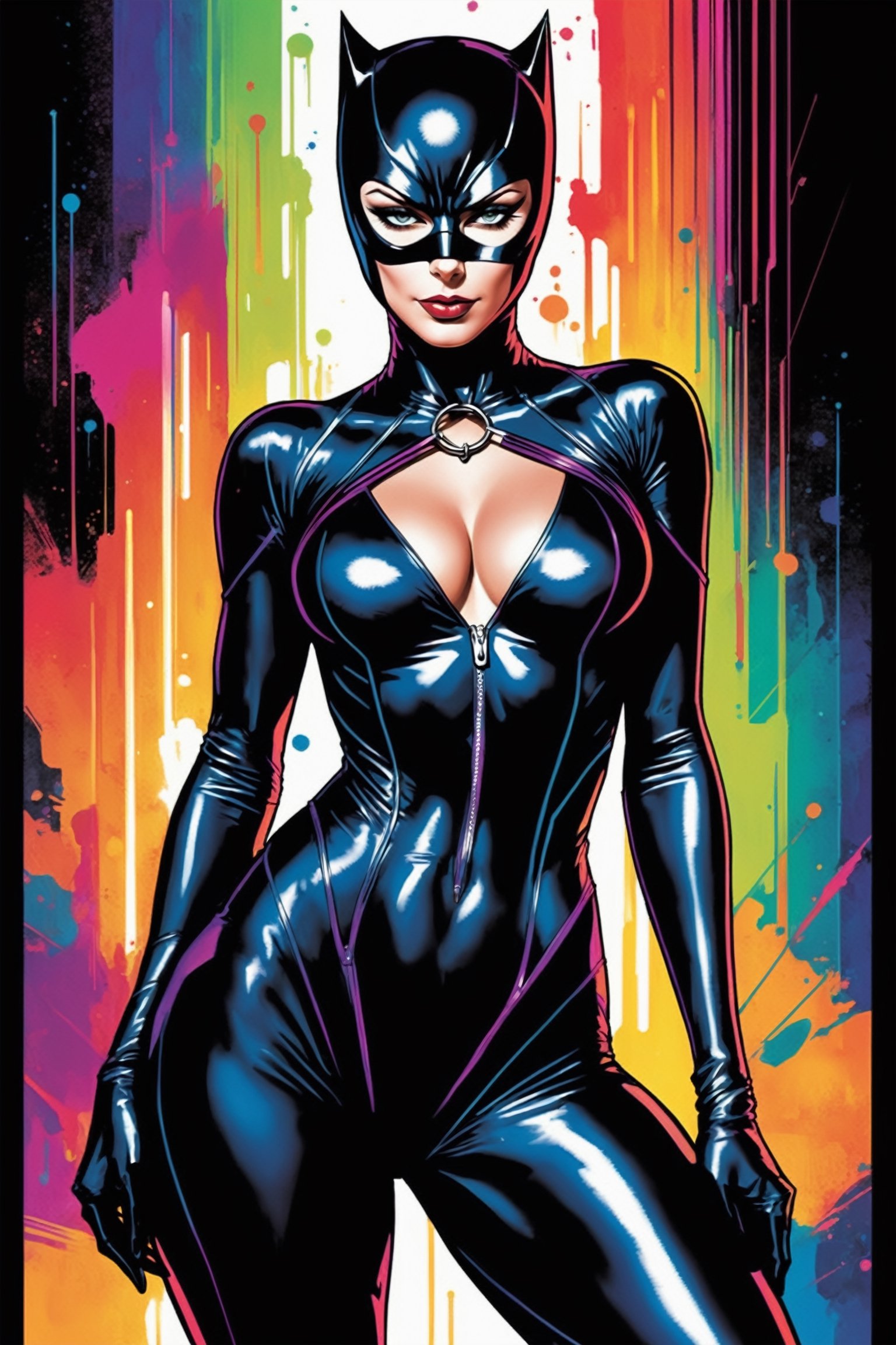 midshot, cel-shading style, centered image, ultra detailed illustration of Catwoman, posing, ((Full Body)), wearing one piece, black bodysuit, (tetradic colors), inkpunk, ink lines, strong outlines, art by MSchiffer, bold traces, unframed, high contrast, cel-shaded, vector, 4k resolution, best quality, (chromatic aberration:1.8)