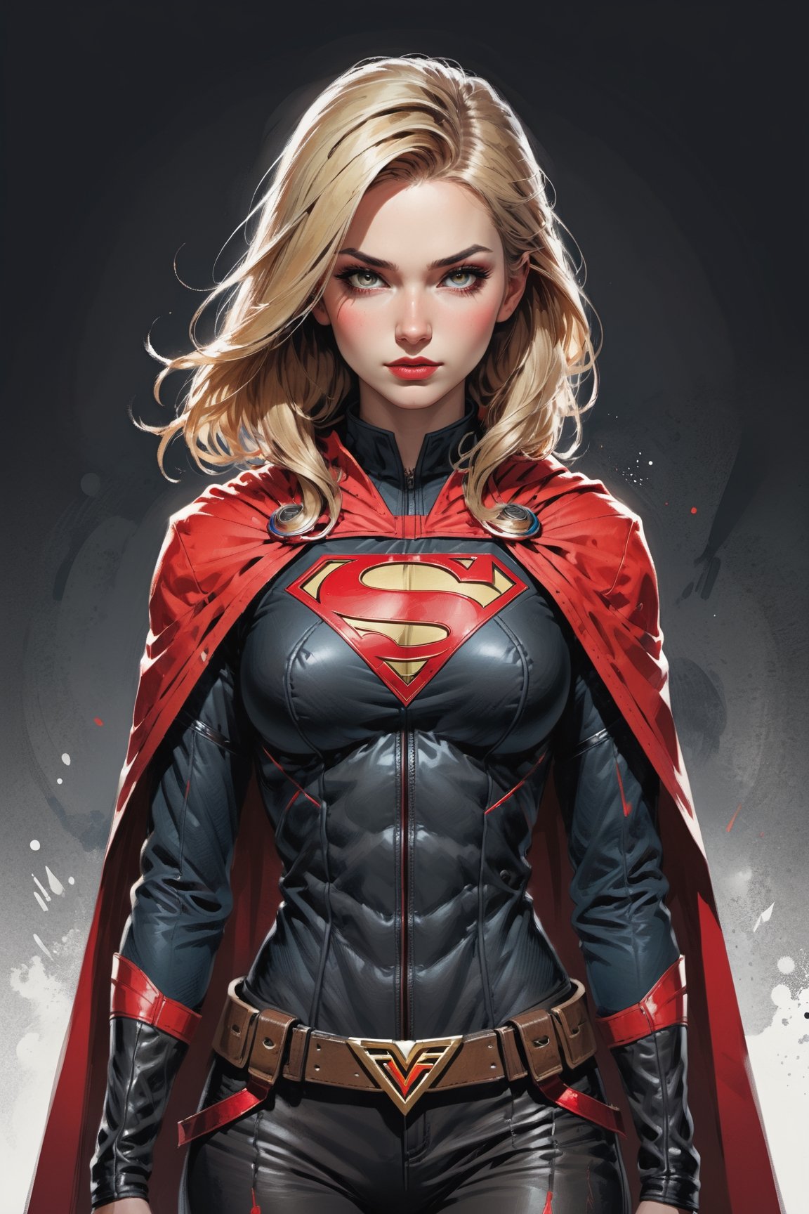 dark, gritty, realistic, mix of bold dark lines and loose lines, bold lines, on paper, turnaround character sheet, a stunningly beautiful (masterpiece, best quality:1.3), (2d:1.3), ink (medium), t-shirt design, White background, ((Half body)),portrait, supergirl, long red cape, outer_space, space hair, levitating, sky, zero gravity, above city, (((View from behind, she is looking over her shoulder))), depth_of_field bits of color, Sketch book, hand drawn, dark, gritty, realistic sketch, Rough sketch, mix of bold dark lines and loose lines, bold lines, Black paper, turnaround character sheet, arcane symbols, runes, dark theme, flowing partially blonde hair, handsome, ((all black padded leather clothing with red accents)), embroidered with runes, modest, black leather pants,  leather rune embroidered boots, (sharp lines), lines of bold ink, strong outlines, bold strokes, high contrast, (professional vector), best quality, flat colors, flat lights, no shadows, low levels, ((geometric shapes)), paint splatters, ((arcane symbols)), runes, dark theme, Perfect composition golden ratio, masterpiece, best quality, 4k, sharp focus. Better hand, perfect anatomy, ((safe for work))