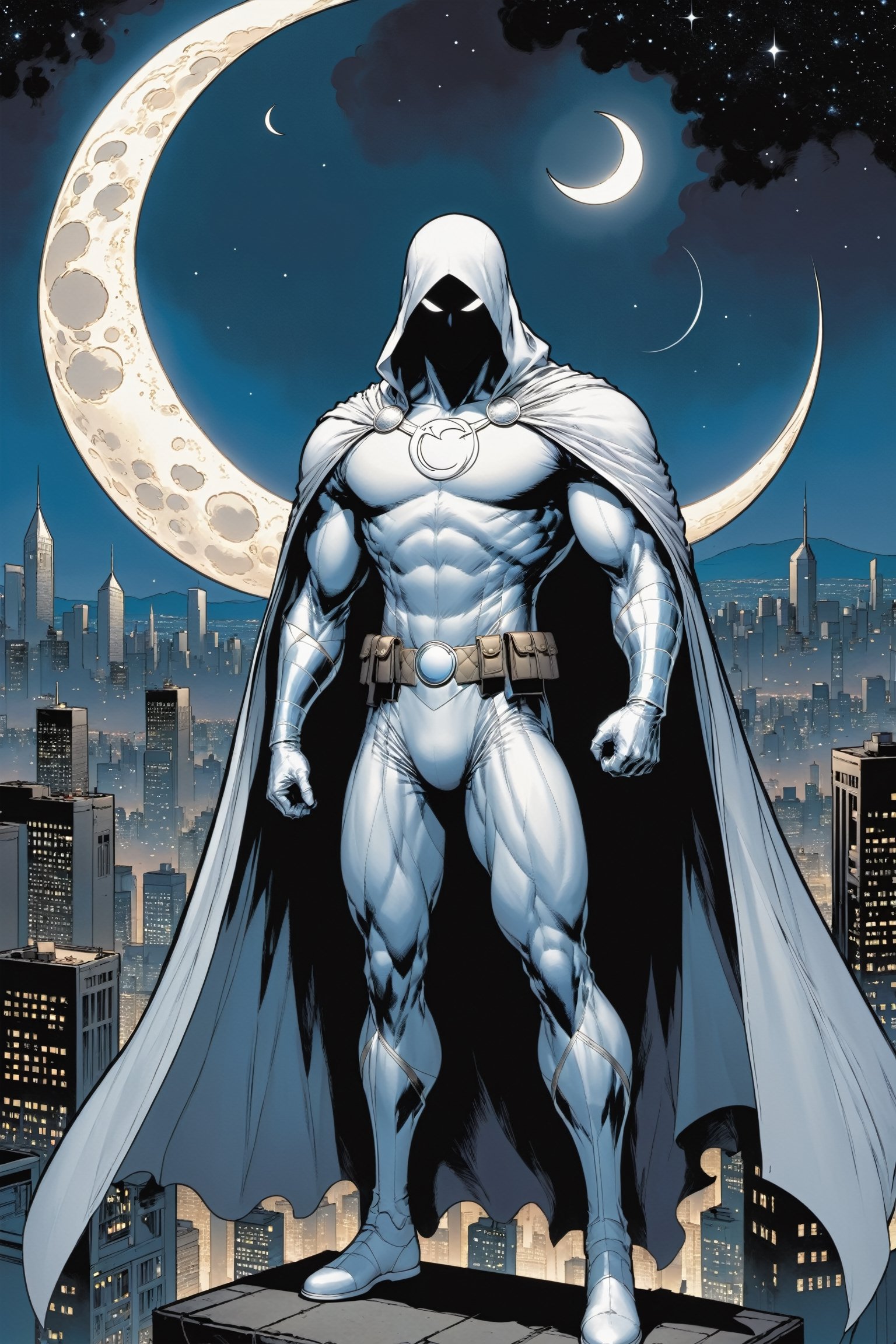 Standing atop a moonlit rooftop, the enigmatic figure known as Moon Knight cuts a striking silhouette against the city skyline. Clad in a suit of White leather, with a hooded cloak, ((adorned with intricate crescent moon motifs)), he exudes an aura of otherworldly power. His muscular physique is accentuated by the tight-fitting suit, which hugs his form like a second skin. A billowing White cape, flows behind him, adding to the air of mystique that surrounds him.

Atop his head rests a hooded cloak and cowl, concealing his features in shadow while his piercing white eyes gleam with an otherworldly intensity. In one hand, he grips a crescent-shaped staff, a versatile weapon capable of both striking down his foes and aiding in his acrobatic feats. On his utility belt, an array of gadgets and tools are holstered, ready to be deployed at a moment's notice.

With an air of silent determination, Moon Knight stands ready to mete out justice upon those who would dare to threaten the innocent, his presence a beacon of hope in the darkness of the night.