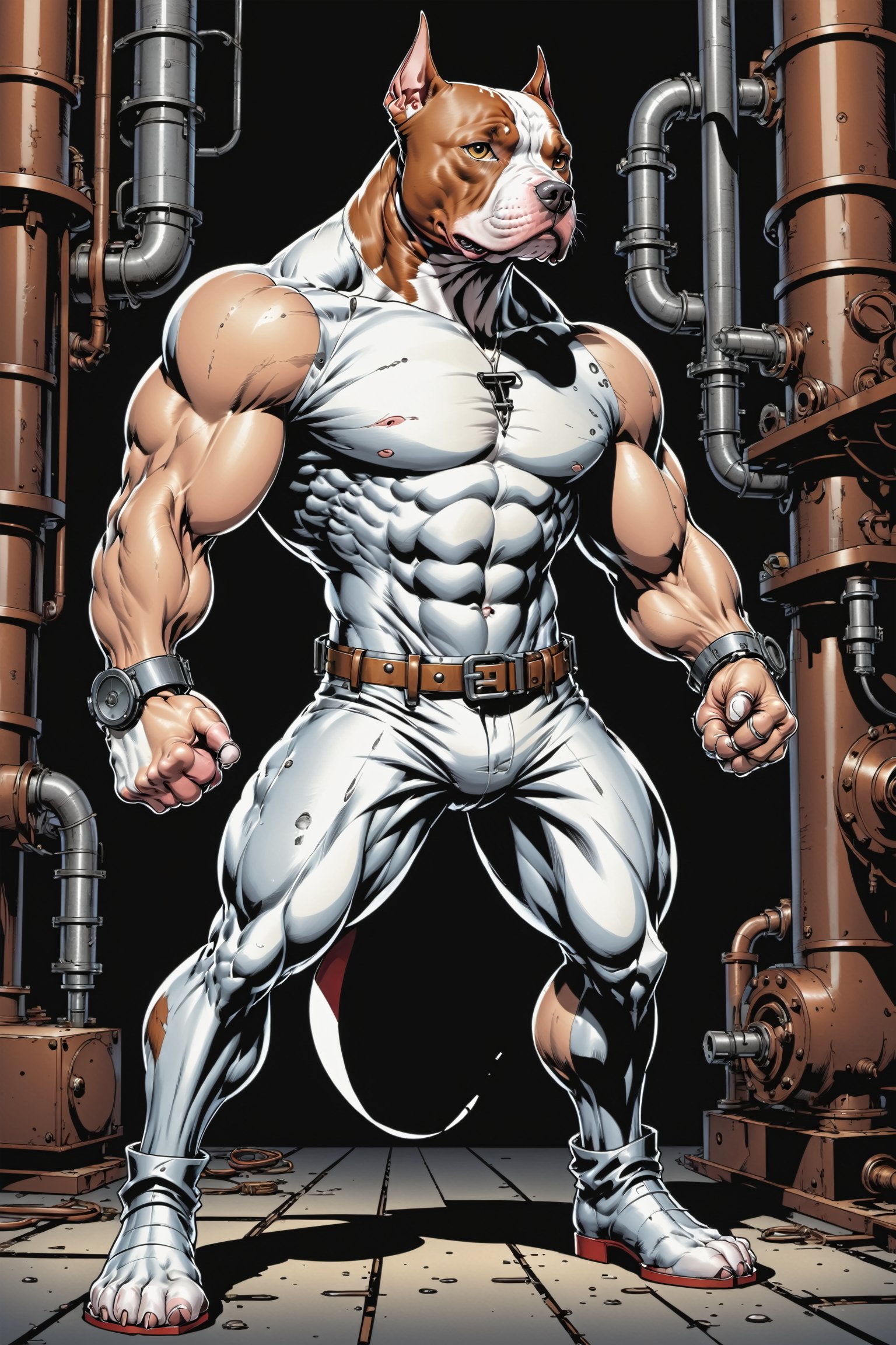 midshot, cel-shading style, centered image, ultra detailed illustration of the comic character ((The Pitbull , ((industrial background)), by Todd McFarlane)), posing, (((Full Body))),  (((it's coloring are White, brown and gray))), ((natural colors)), inkpunk, ink lines, strong outlines, art by MSchiffer, bold traces, unframed, high contrast, cel-shaded, vector, 4k resolution, best quality, (chromatic aberration:1.8