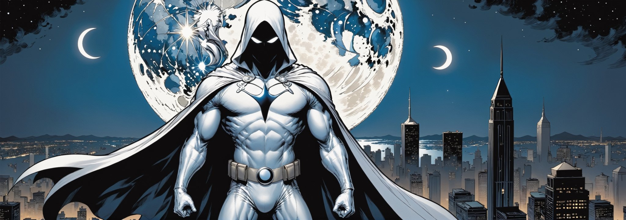 Standing atop a moonlit rooftop, the enigmatic figure known as Moon Knight cuts a striking silhouette against the city skyline. Clad in a suit of White leather, with a hooded cloak, ((adorned with intricate crescent moon motifs)), he exudes an aura of otherworldly power. His muscular physique is accentuated by the tight-fitting suit, which hugs his form like a second skin. A billowing White cape, flows behind him, adding to the air of mystique that surrounds him.

Atop his head rests a hooded cloak and cowl, concealing his features in shadow while his piercing white eyes gleam with an otherworldly intensity. In one hand, he grips a crescent-shaped staff, a versatile weapon capable of both striking down his foes and aiding in his acrobatic feats. On his utility belt, an array of gadgets and tools are holstered, ready to be deployed at a moment's notice.

With an air of silent determination, Moon Knight stands ready to mete out justice upon those who would dare to threaten the innocent, his presence a beacon of hope in the darkness of the night.