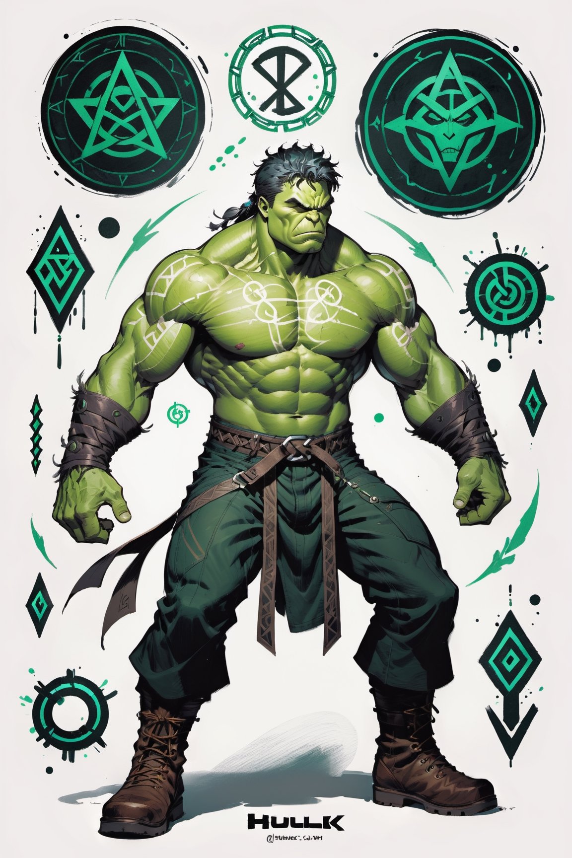 dark, gritty, realistic, mix of bold dark lines and loose lines, bold lines, on paper, turnaround character sheet, a stunningly beautiful (masterpiece, best quality:1.3), (2d:1.3), ink (medium), t-shirt design, White background, Full body, 2D illustration,  ((The Hulk)). bits of color, Sketch book, hand drawn, dark, gritty, realistic sketch, Rough sketch, mix of bold dark lines and loose lines, bold lines, on paper, turnaround character sheet. Full body, arcane symbols, runes, dark theme, flowing partially braided pale Green hair, handsome, padded leather clothing embroidered with runes, modest, leather rune embroidered boots, (sharp lines), lines of bold ink, strong outlines, bold strokes, high contrast, (professional vector), best quality, flat colors, flat lights, no shadows, low levels, ((geometric shapes)), paint splatters, arcane symbols, runes, dark theme, Perfect composition golden ratio, masterpiece, best quality, 4k, sharp focus. Better hand, perfect anatomy, ((safe for work))