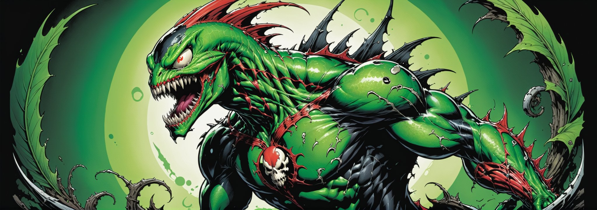 midshot, cel-shading style, centered image, ultra detailed illustration of the comic character ((Spawn lizard, by Todd McFarlane)), posing, green, light green, brown, and black body suit with a skull emblem, ((Full Body)) ,ornate background, (tetradic colors), inkpunk, ink lines, strong outlines, art by MSchiffer, bold traces, unframed, high contrast, cel-shaded, vector, 4k resolution, best quality, (chromatic aberration:1.8)