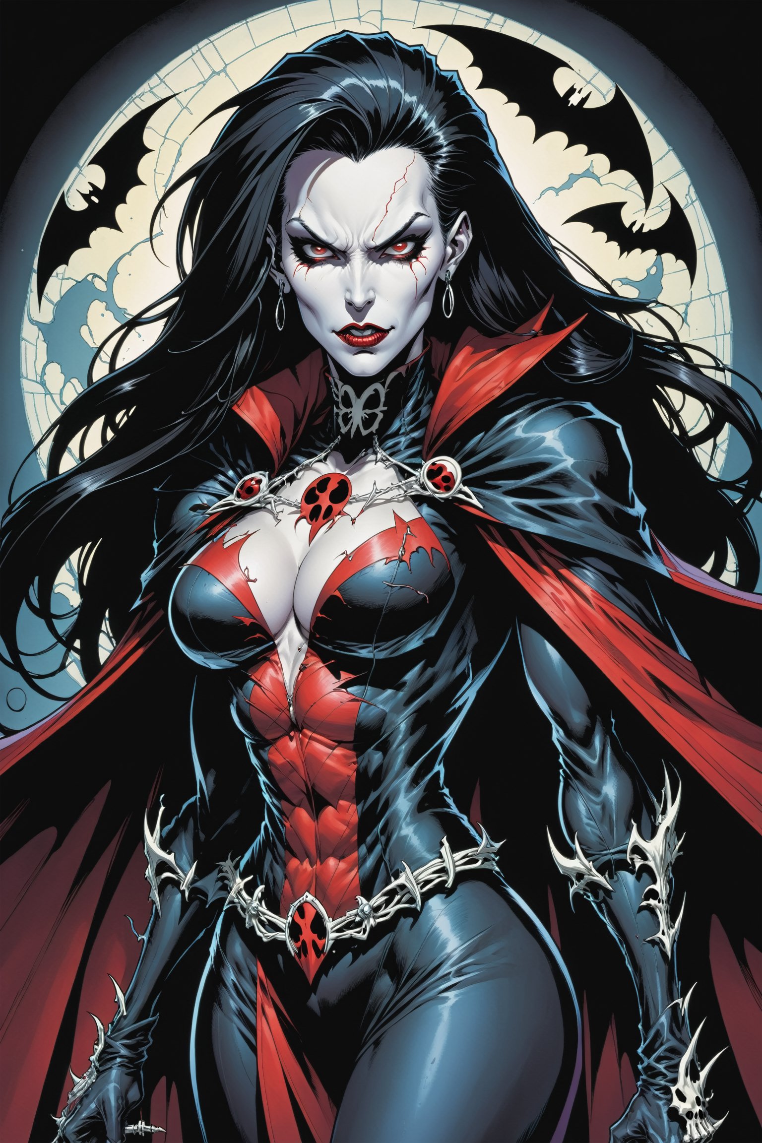 midshot, cel-shading style, centered image, ultra detailed illustration of the comic character ((female Spawn Dracula, by Todd McFarlane)), posing, she has long black hair, black suit with a skull emblem, long flowing cape, ((Half Body)), (tetradic colors), inkpunk, ink lines, strong outlines, art by MSchiffer, bold traces, unframed, high contrast, cel-shaded, vector, 4k resolution, best quality, (chromatic aberration:1.8)