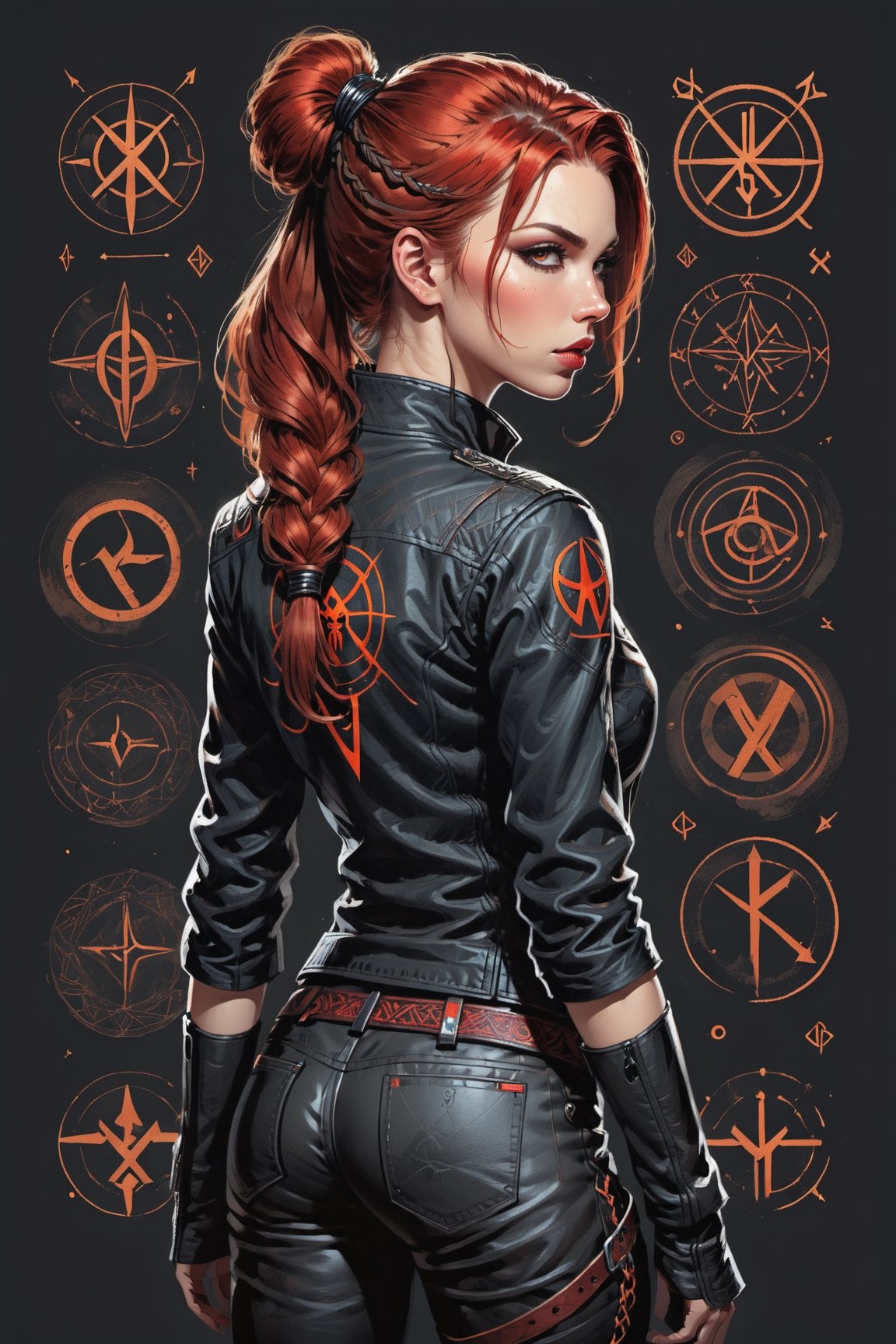 dark, gritty, realistic, mix of bold dark lines and loose lines, bold lines, on paper, turnaround character sheet, a stunningly beautiful (masterpiece, best quality:1.3), (2d:1.3), ink (medium), t-shirt design, White background, Full body, 2D illustration,  (((Black Widow))). bits of color, Sketch book, hand drawn, dark, gritty, realistic sketch, Rough sketch, mix of bold dark lines and loose lines, bold lines, on black paper, turnaround character sheet. Half body, (((View from behind))), ((she is looking over her shoulder)), arcane symbols, runes, dark theme, flowing partially braided red hair, large long ponytail, handsome, padded leather clothing, ((black leather pants)), button down shirt, ((leather jacket)), embroidered with runes, modest, leather rune embroidered boots, (sharp lines), lines of bold ink, strong outlines, bold strokes, high contrast, (professional vector), best quality, flat colors, flat lights, no shadows, low levels, ((geometric shapes)), paint splatters, arcane symbols, runes, dark theme, Perfect composition golden ratio, masterpiece, best quality, 4k, sharp focus. Better hand, perfect anatomy, ((safe for work))