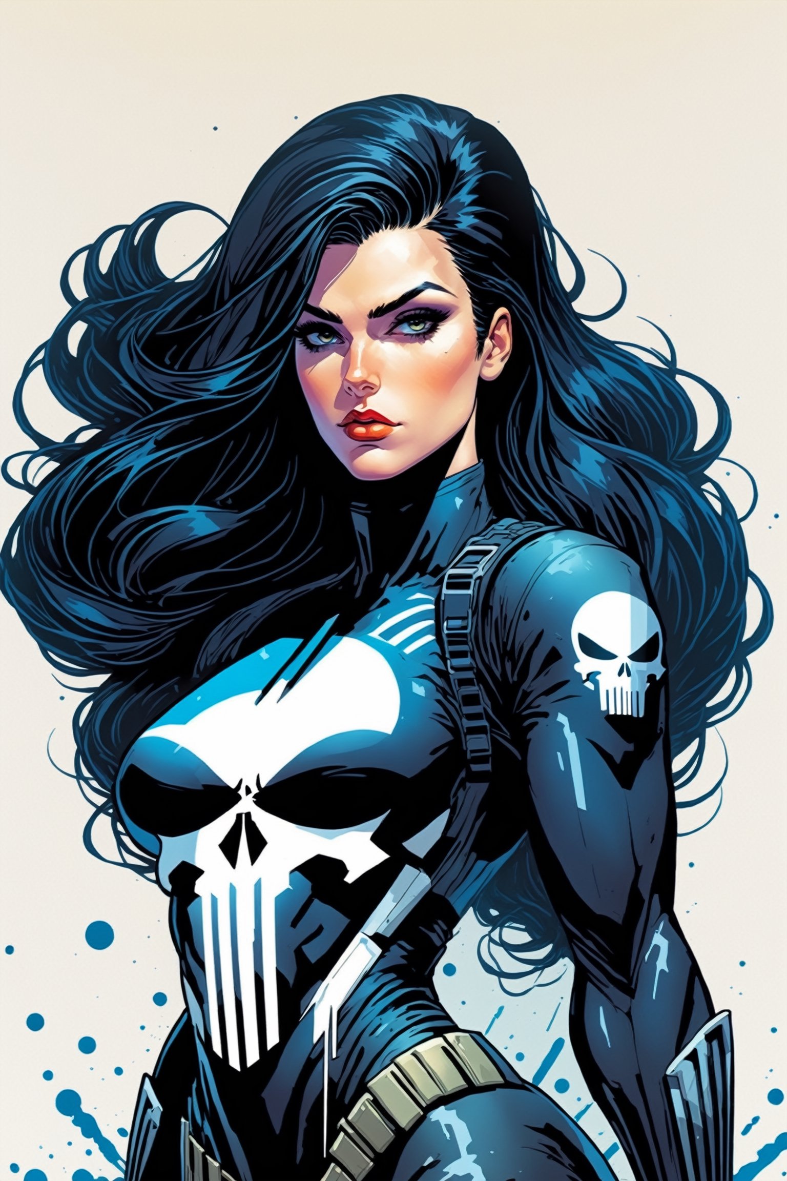 midshot, cel-shading style, centered image, ultra detailed illustration of the comic character, a female Punisher, posing, flowing Maine of black hair, ((Full Body)), (tetradic colors), inkpunk, ink lines, strong outlines, art by MSchiffer, bold traces, unframed, high contrast, cel-shaded, vector, 4k resolution, best quality, (chromatic aberration:1.8)