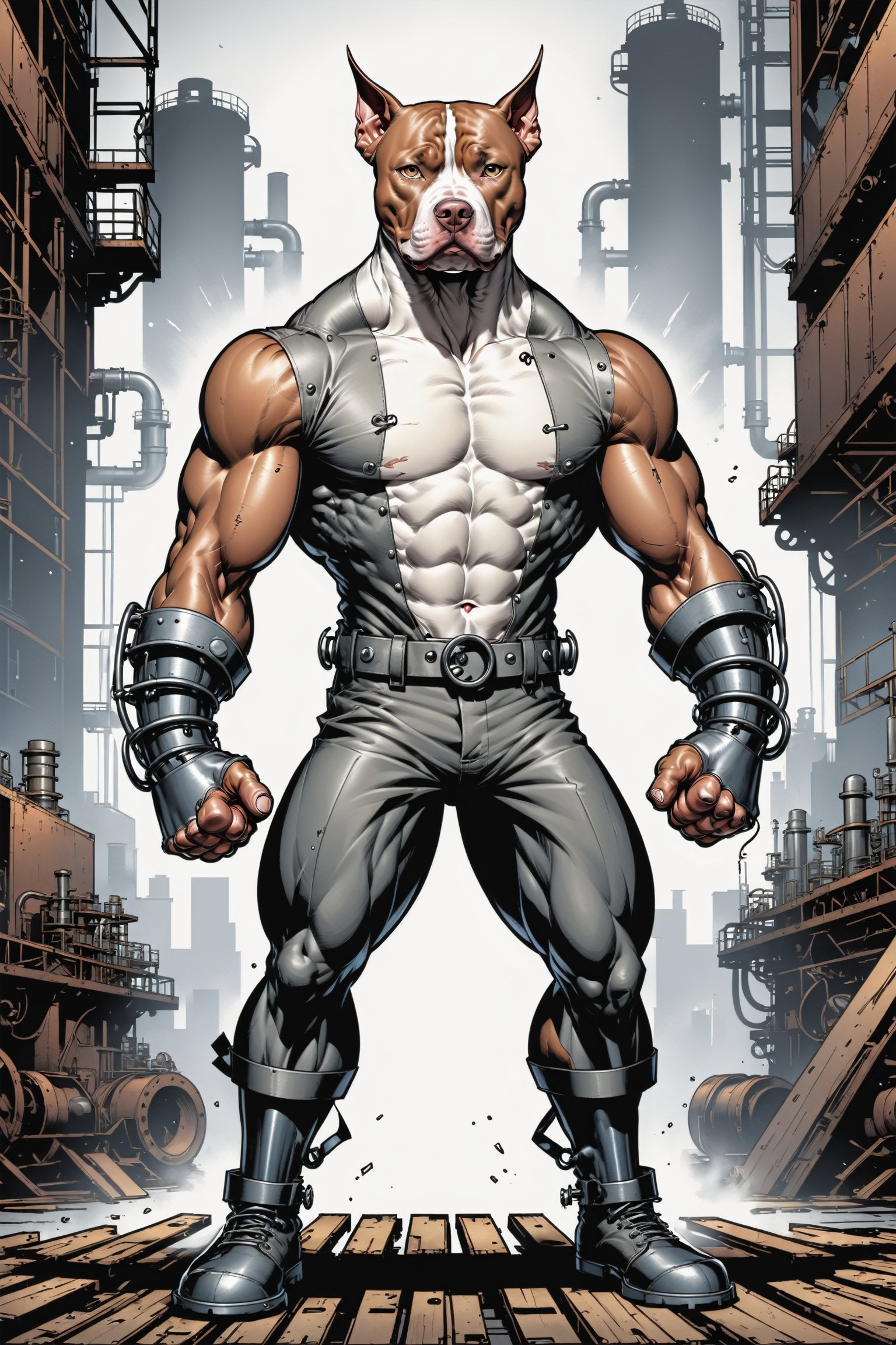 midshot, cel-shading style, centered image, ultra detailed illustration of the comic character ((The Pitbull , ((industrial background)), by Todd McFarlane)), posing, (((Full Body))),  (((it's coloring are White, brown and gray))), ((natural colors)), inkpunk, ink lines, strong outlines, art by MSchiffer, bold traces, unframed, high contrast, cel-shaded, vector, 4k resolution, best quality, (chromatic aberration:1.8