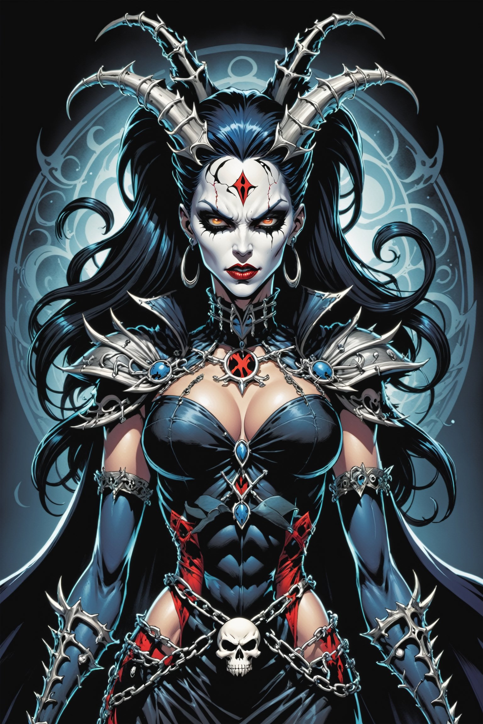 midshot, cel-shading style, centered image, ultra detailed illustration of the comic character ((female Spawn Queen of the Damned by Todd McFarlane)), posing, Black, dress with a skull emblem, ((half Body)), ((View from behind)), (tetradic colors), inkpunk, ink lines, strong outlines, art by MSchiffer, bold traces, unframed, high contrast, cel-shaded, vector, 4k resolution, best quality, (chromatic aberration:1.8)