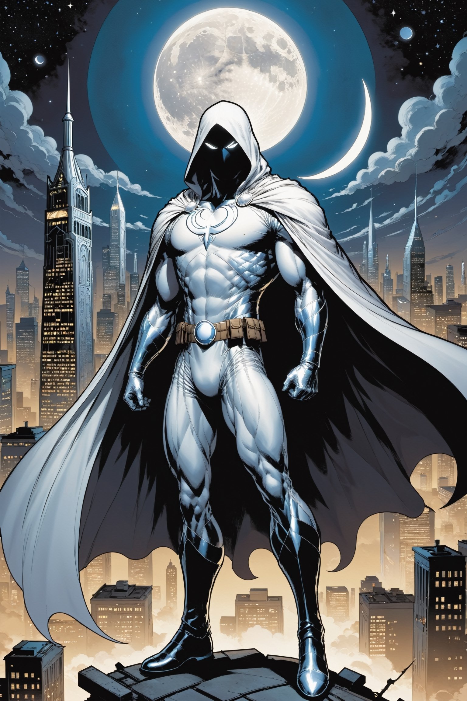 Standing atop a moonlit rooftop, the enigmatic figure known as Moon Knight cuts a striking silhouette against the city skyline. Clad in a suit of White leather, with a hooded cloak, ((adorned with intricate crescent moon motifs)), he exudes an aura of otherworldly power. His muscular physique is accentuated by the tight-fitting suit, which hugs his form like a second skin. A billowing White cape, flows behind him, adding to the air of mystique that surrounds him.

Atop his head rests a hooded cloak and cowl, concealing his features in shadow while his piercing white eyes gleam with an otherworldly intensity. In one hand, he grips a crescent-shaped staff, a versatile weapon capable of both striking down his foes and aiding in his acrobatic feats. On his utility belt, an array of gadgets and tools are holstered, ready to be deployed at a moment's notice.

With an air of silent determination, Moon Knight stands ready to mete out justice upon those who would dare to threaten the innocent, his presence a beacon of hope in the darkness of the night.