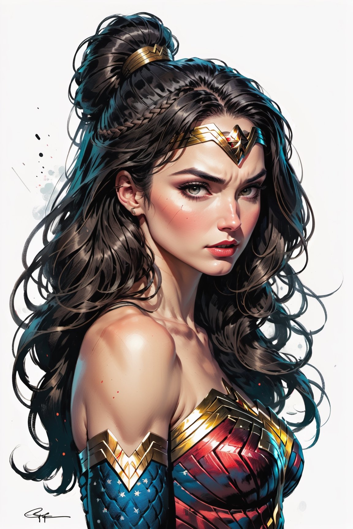 dark, gritty, realistic, mix of bold dark lines and loose lines, bold lines, on paper, turnaround character sheet, a stunningly beautiful (masterpiece, best quality:1.3), (2d:1.3), ink (medium), t-shirt design, White background, Extreme close-up of her face, 2D illustration,  (((Wonder Woman))). bits of color, Sketch book, hand drawn, dark, gritty, realistic sketch, Rough sketch, mix of bold dark lines and loose lines, bold lines, on black paper, turnaround character sheet. Half body, (((View from behind))), ((she is looking over her shoulder)), arcane symbols, runes, dark theme, flowing partially braided Black hair, large long ponytail, (sharp lines), lines of bold ink, strong outlines, bold strokes, high contrast, (professional vector), best quality, flat colors, flat lights, no shadows, low levels, ((geometric shapes)), paint splatters, arcane symbols, runes, dark theme, Perfect composition golden ratio, masterpiece, best quality, 4k, sharp focus. Better hand, perfect anatomy, ((safe for work))