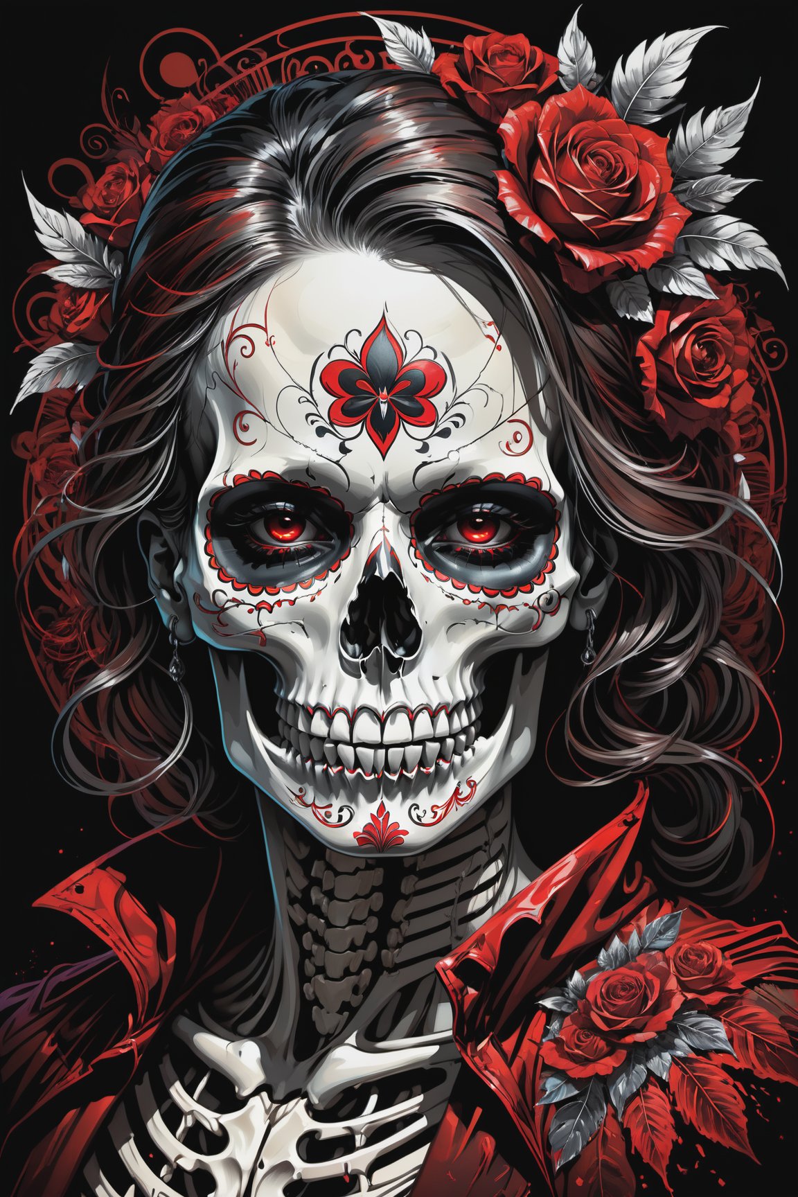 cel-shading style, centered image, ultra detailed illustration of the comic character (( a Very detailed illustration of a ((best quality)), ((masterpiece)), (detailed), mesmerizing, the skull, day of the dead art by linyu hong, in the style of dark white and red, graffiti art, realistic hyper-detail, intricate composition, monumental murals, silver and red, contemporary chicano(masterpiece, best quality, ultra-detailed) , unsettling atmosphere, high key lighting , vector Black, red, , staGlenn Brown, Carne Griffiths, Alex Ross, artgerm and james jean bangs, by Todd McFarlane)),  (((perfect hands))), (((dark Moody candlelight in the background))), accent of rust, (tetradic colors), inkpunk, ink lines, strong outlines, art by MSchiffer, bold traces, unframed, high contrast, cel-shaded, vector, 4k resolution,