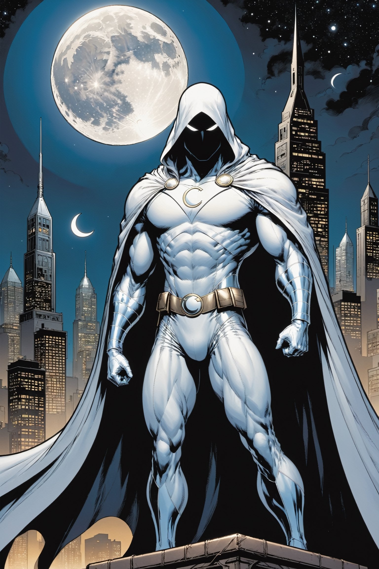 Standing atop a moonlit rooftop, the enigmatic figure known as Moon Knight cuts a striking silhouette against the city skyline. Clad in a suit of White leather, with a hooded cloak, ((adorned with intricate crescent moon motifs)), he exudes an aura of otherworldly power. His muscular physique is accentuated by the tight-fitting suit, which hugs his form like a second skin. A billowing White cape, flows behind him, adding to the air of mystique that surrounds him.

Atop his head rests a hooded cloak and cowl, concealing his features in shadow while his piercing white eyes gleam with an otherworldly intensity. In one hand, he grips a crescent-shaped staff, a versatile weapon capable of both striking down his foes and aiding in his acrobatic feats. On his utility belt, an array of gadgets and tools are holstered, ready to be deployed at a moment's notice.

With an air of silent determination, Moon Knight stands ready to mete out justice upon those who would dare to threaten the innocent, his presence a beacon of hope in the darkness of the night.