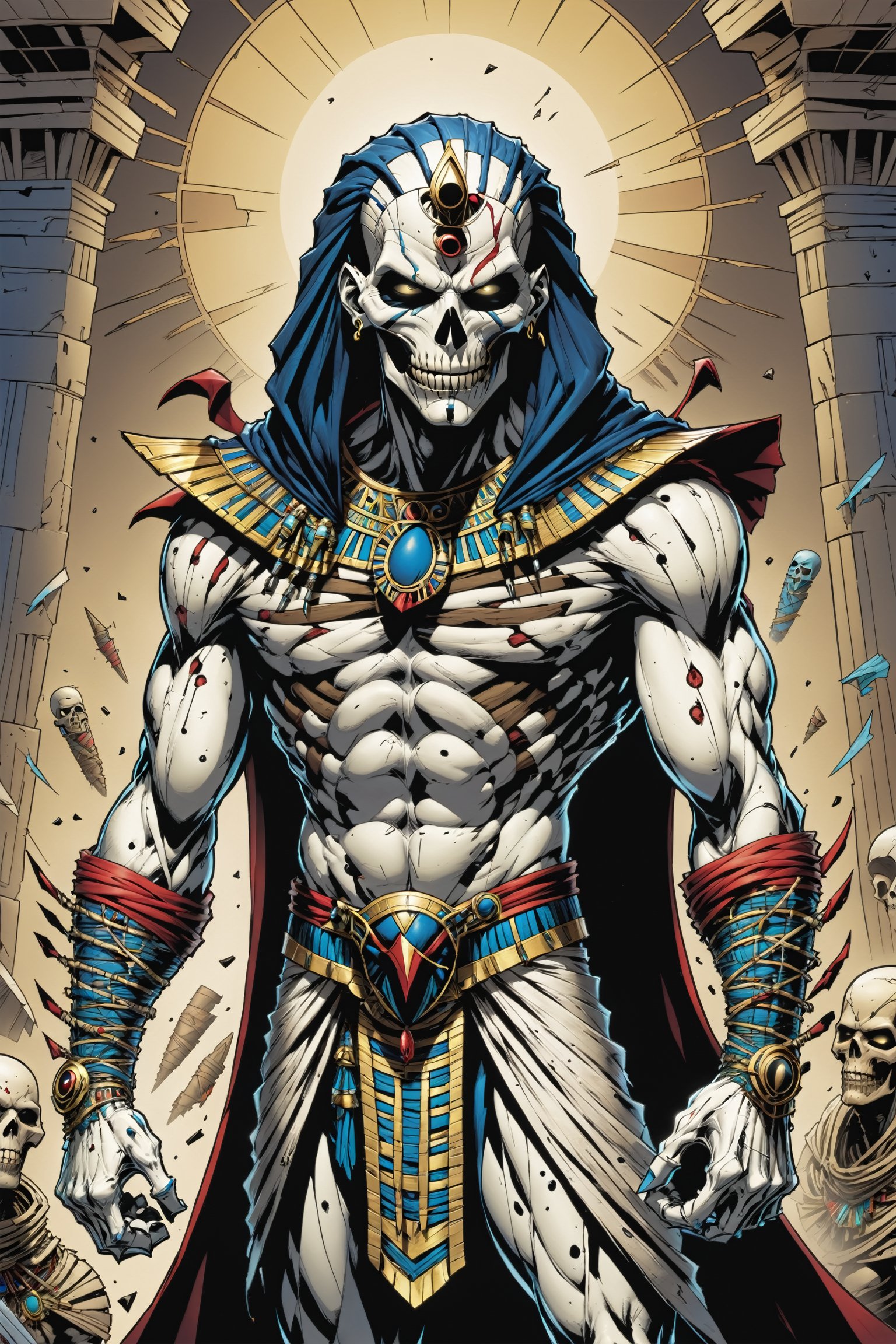 midshot, cel-shading style, centered image, ultra detailed illustration of the comic character ((male Spawn Egyptian mummy, by Todd McFarlane)), posing, wrapped in tattered bandages all over the body, ((Full Body)), inside pyramid, (tetradic colors), inkpunk, ink lines, strong outlines, art by MSchiffer, bold traces, unframed, high contrast, cel-shaded, vector, 4k resolution, best quality, (chromatic aberration:1.8)