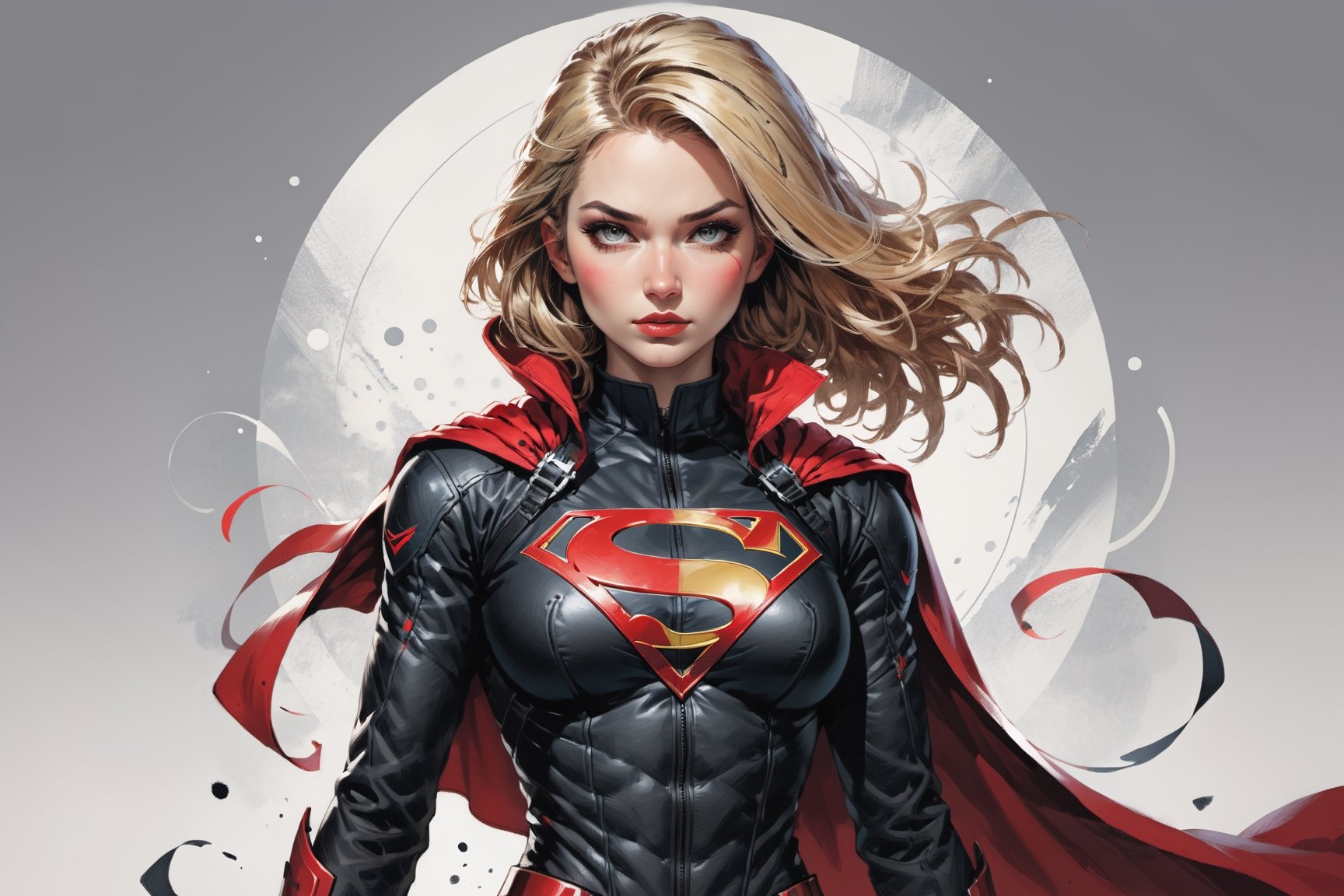 dark, gritty, realistic, mix of bold dark lines and loose lines, bold lines, on paper, turnaround character sheet, a stunningly beautiful (masterpiece, best quality:1.3), (2d:1.3), ink (medium), t-shirt design, White background, ((Half body)),portrait, supergirl, long red cape, outer_space, space hair, levitating, sky, zero gravity, above city, (((View from behind, she is looking over her shoulder))), depth_of_field bits of color, Sketch book, hand drawn, dark, gritty, realistic sketch, Rough sketch, mix of bold dark lines and loose lines, bold lines, Black paper, turnaround character sheet, arcane symbols, runes, dark theme, flowing partially blonde hair, handsome, ((all black padded leather clothing with red accents)), embroidered with runes, modest, black leather pants,  leather rune embroidered boots, (sharp lines), lines of bold ink, strong outlines, bold strokes, high contrast, (professional vector), best quality, flat colors, flat lights, no shadows, low levels, ((geometric shapes)), paint splatters, ((arcane symbols)), runes, dark theme, Perfect composition golden ratio, masterpiece, best quality, 4k, sharp focus. Better hand, perfect anatomy, ((safe for work))