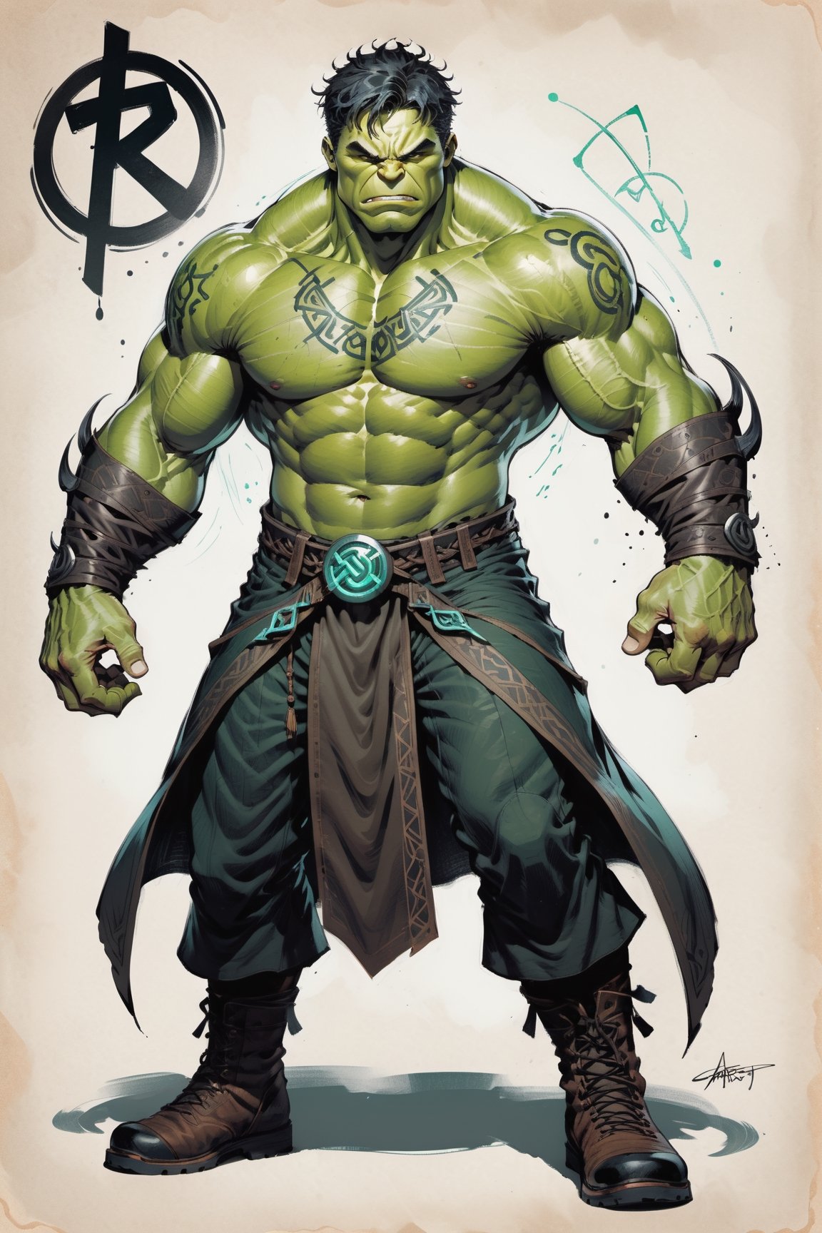 dark, gritty, realistic, mix of bold dark lines and loose lines, bold lines, on paper, turnaround character sheet, a stunningly beautiful (masterpiece, best quality:1.3), (2d:1.3), ink (medium), t-shirt design, White background, Full body, 2D illustration,  ((The Hulk)). bits of color, Sketch book, hand drawn, dark, gritty, realistic sketch, Rough sketch, mix of bold dark lines and loose lines, bold lines, Black paper, turnaround character sheet. Close-up of his face, arcane symbols, runes, dark theme, flowing partially braided pale Green hair, handsome, padded leather clothing embroidered with runes, modest, leather rune embroidered boots, (sharp lines), lines of bold ink, strong outlines, bold strokes, high contrast, (professional vector), best quality, flat colors, flat lights, no shadows, low levels, ((geometric shapes)), paint splatters, arcane symbols, runes, dark theme, Perfect composition golden ratio, masterpiece, best quality, 4k, sharp focus. Better hand, perfect anatomy, ((safe for work))