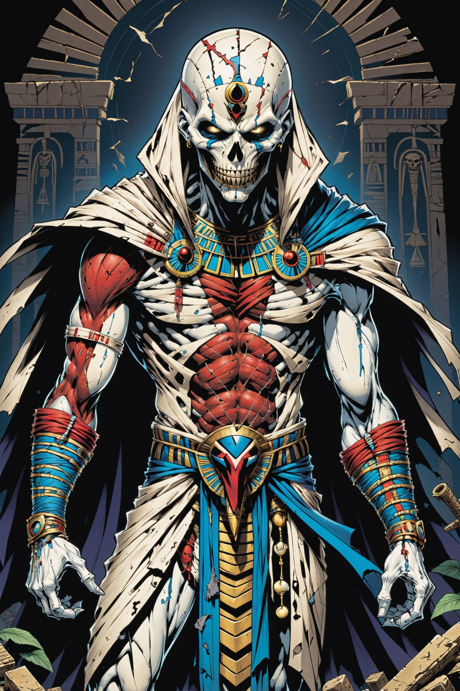 midshot, cel-shading style, centered image, ultra detailed illustration of the comic character ((male Spawn Egyptian mummy, by Todd McFarlane)), posing, wrapped in tattered bandages all over the body, ((Full Body)), inside pyramid, (tetradic colors), inkpunk, ink lines, strong outlines, art by MSchiffer, bold traces, unframed, high contrast, cel-shaded, vector, 4k resolution, best quality, (chromatic aberration:1.8)