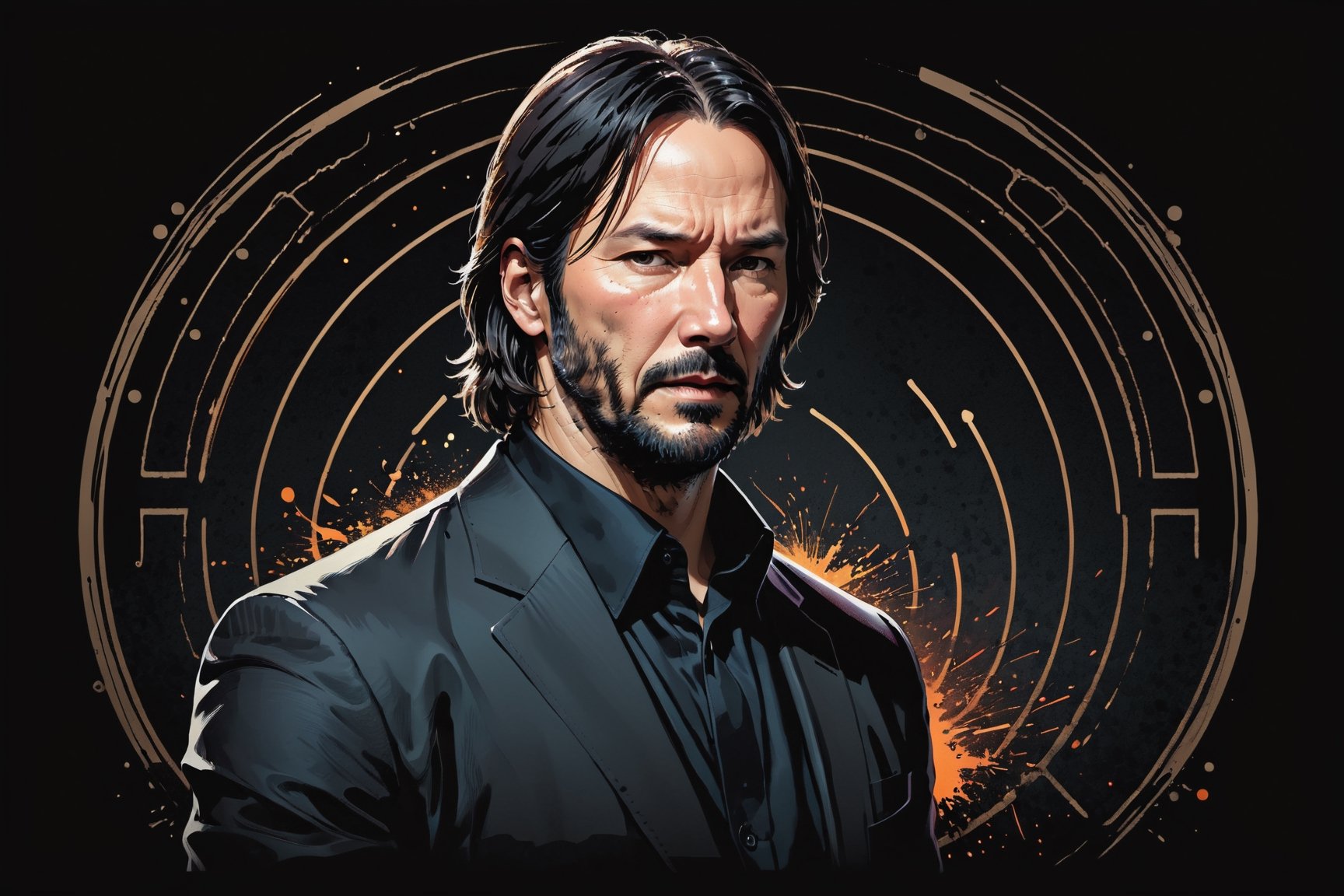 dark, gritty, realistic, mix of bold dark lines and loose lines, bold lines, on paper, turnaround character sheet, a stunningly beautiful (masterpiece, best quality:1.3), (2d:1.3), ink (medium), t-shirt design, black background, Full body, 2D illustration, John Wick, black color, (sharp lines), lines of bold ink, strong outlines, bold strokes, high contrast, (professional vector), best quality, flat colors, flat lights, no shadows, low levels, (gunpowder explosions), arcane symbols, runes, dark theme, Perfect composition golden ratio, masterpiece, best quality, 4k, sharp focus. Better hand, perfect anatomy, ((safe for work))