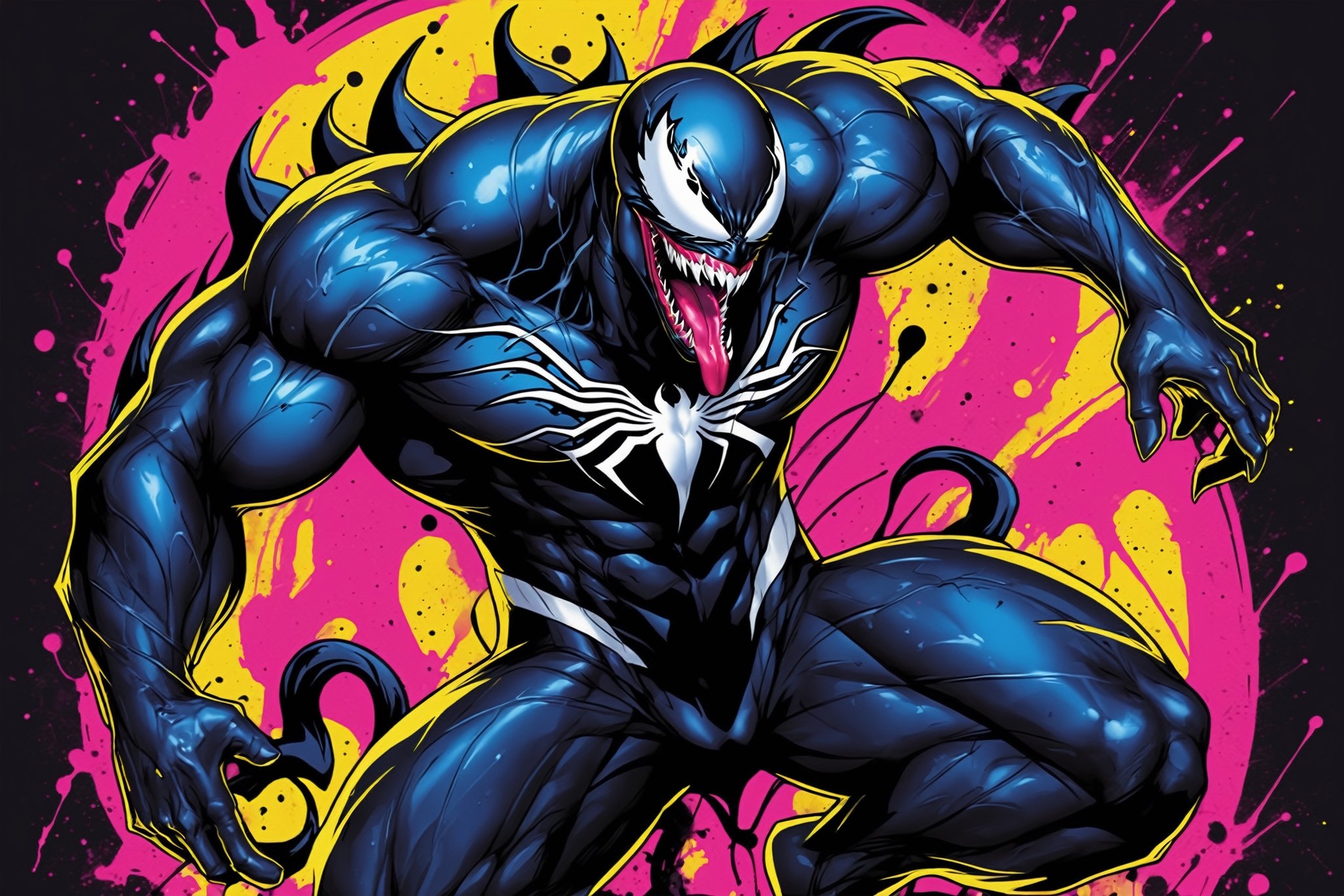 midshot, cel-shading style, centered image, ultra detailed illustration of Venom posing, ((Full Body)), (tetradic colors), ((inkpunk)), ((ink lines)), ink splatter, strong outlines, art by MSchiffer, bold traces, unframed, high contrast, cel-shaded, vector, 4k resolution, best quality, (chromatic aberration:1.8)