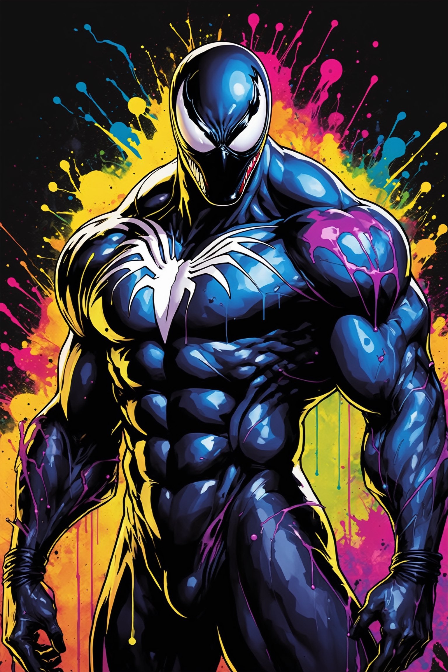 midshot, cel-shading style, centered image, ultra detailed illustration of Venom posing, ((Full Body)), (tetradic colors), ((inkpunk)), ((ink lines)), ink splatter, strong outlines, art by MSchiffer, bold traces, unframed, high contrast, cel-shaded, vector, 4k resolution, best quality, (chromatic aberration:1.8)