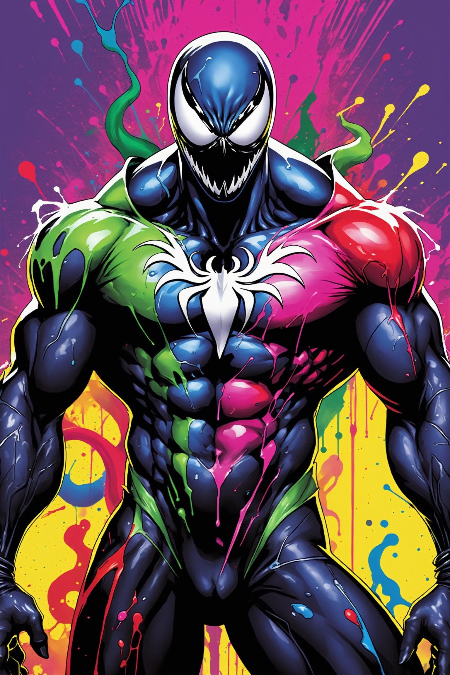 midshot, cel-shading style, centered image, ultra detailed illustration of Venom posing, ((Full Body)), (tetradic colors), ((inkpunk)), ((ink lines)), ink splatter, strong outlines, art by MSchiffer, bold traces, unframed, high contrast, cel-shaded, vector, 4k resolution, best quality, (chromatic aberration:1.8)