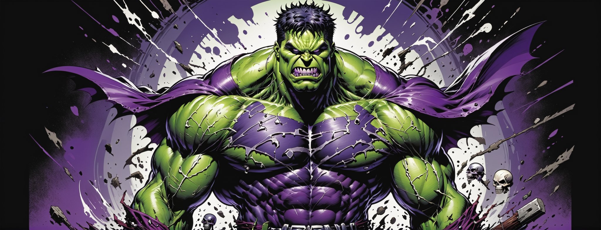 midshot, cel-shading style, centered image, ultra detailed illustration of the comic character ((Spawn Hulk, by Todd McFarlane)),posing, suit with a skull emblem, wearing a purple Cape,  ((Full Body)), (tetradic colors), inkpunk, ink lines, strong outlines, art by MSchiffer, bold traces, unframed, high contrast, cel-shaded, vector, 4k resolution, best quality, (chromatic aberration:1.8)