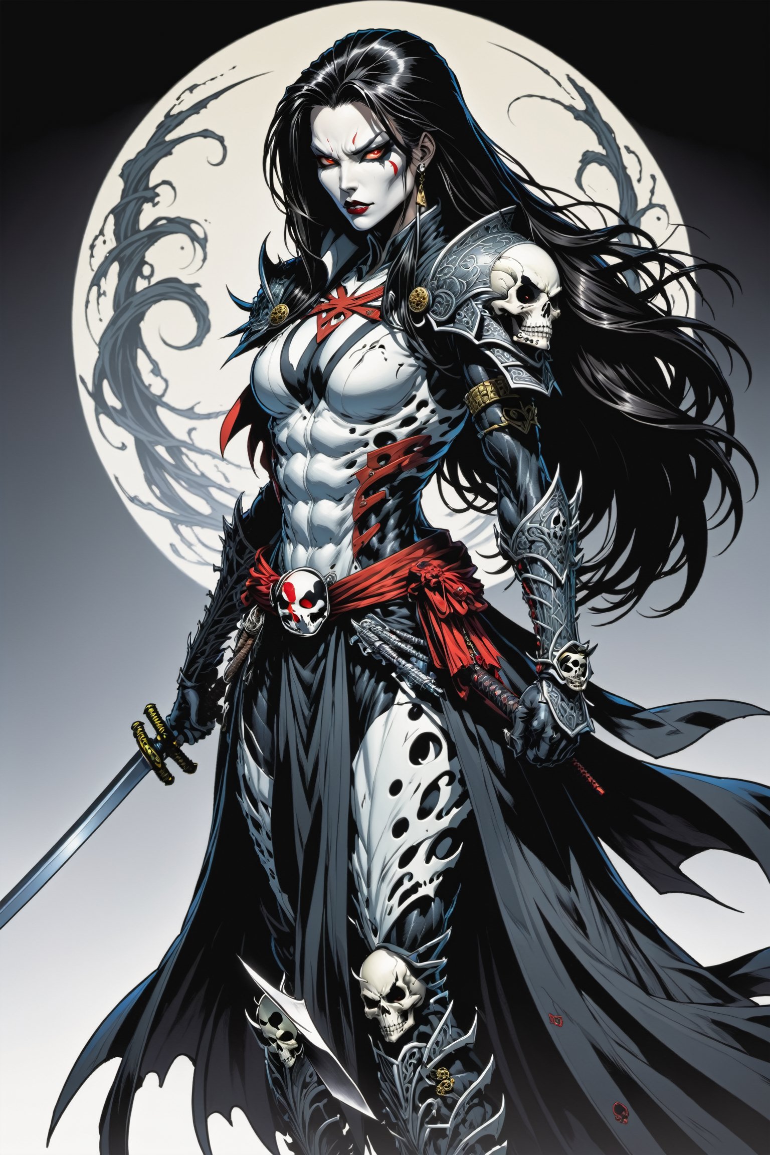 midshot, cel-shading style, centered image, ultra detailed illustration of the comic character ((female Spawn Samurai lady, by Todd McFarlane)), posing, long black long hair, silver and black suit with a skull emblem, long flowing cape,  holding samurai sword, ((view from Behind she’s looking over her shoulder)), ((Full Body)), (tetradic colors), inkpunk, ink lines, strong outlines, art by MSchiffer, bold traces, unframed, high contrast, cel-shaded, vector, 4k resolution, best quality, (chromatic aberration:1.8)