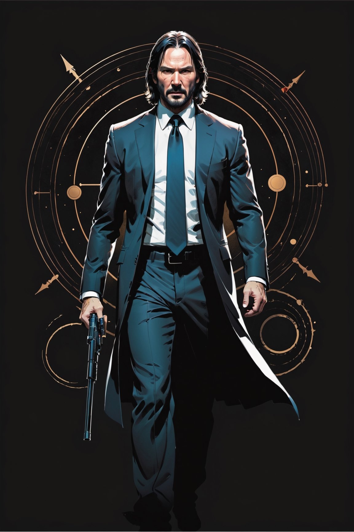 dark, gritty, realistic, mix of bold dark lines and loose lines, bold lines, on paper, turnaround character sheet, a stunningly beautiful (masterpiece, best quality:1.3), (2d:1.3), ink (medium), t-shirt design, black background, Full body, 2D illustration, John Wick, black color, (sharp lines), lines of bold ink, strong outlines, bold strokes, high contrast, (professional vector), best quality, flat colors, flat lights, no shadows, low levels, (planets), arcane symbols, runes, dark theme, Perfect composition golden ratio, masterpiece, best quality, 4k, sharp focus. Better hand, perfect anatomy, ((safe for work))