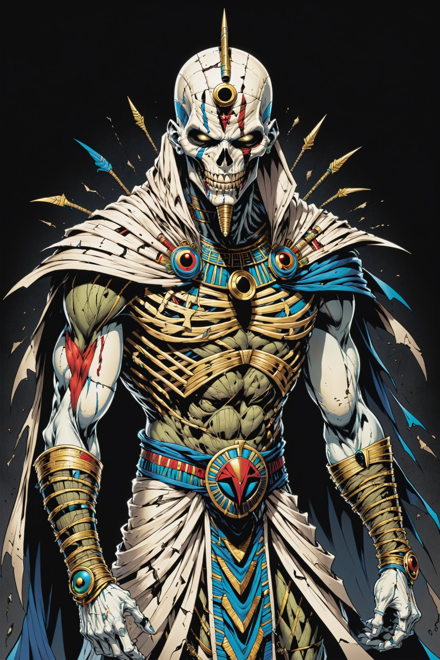 midshot, cel-shading style, centered image, ultra detailed illustration of the comic character ((male Spawn Egyptian mummy, by Todd McFarlane)), posing, wrapped in tattered bandages all over the body, ((Full Body)), inside pyramid, (tetradic colors), inkpunk, ink lines, strong outlines, art by MSchiffer, bold traces, unframed, high contrast, cel-shaded, vector, 4k resolution, best quality, (chromatic aberration:1.8)