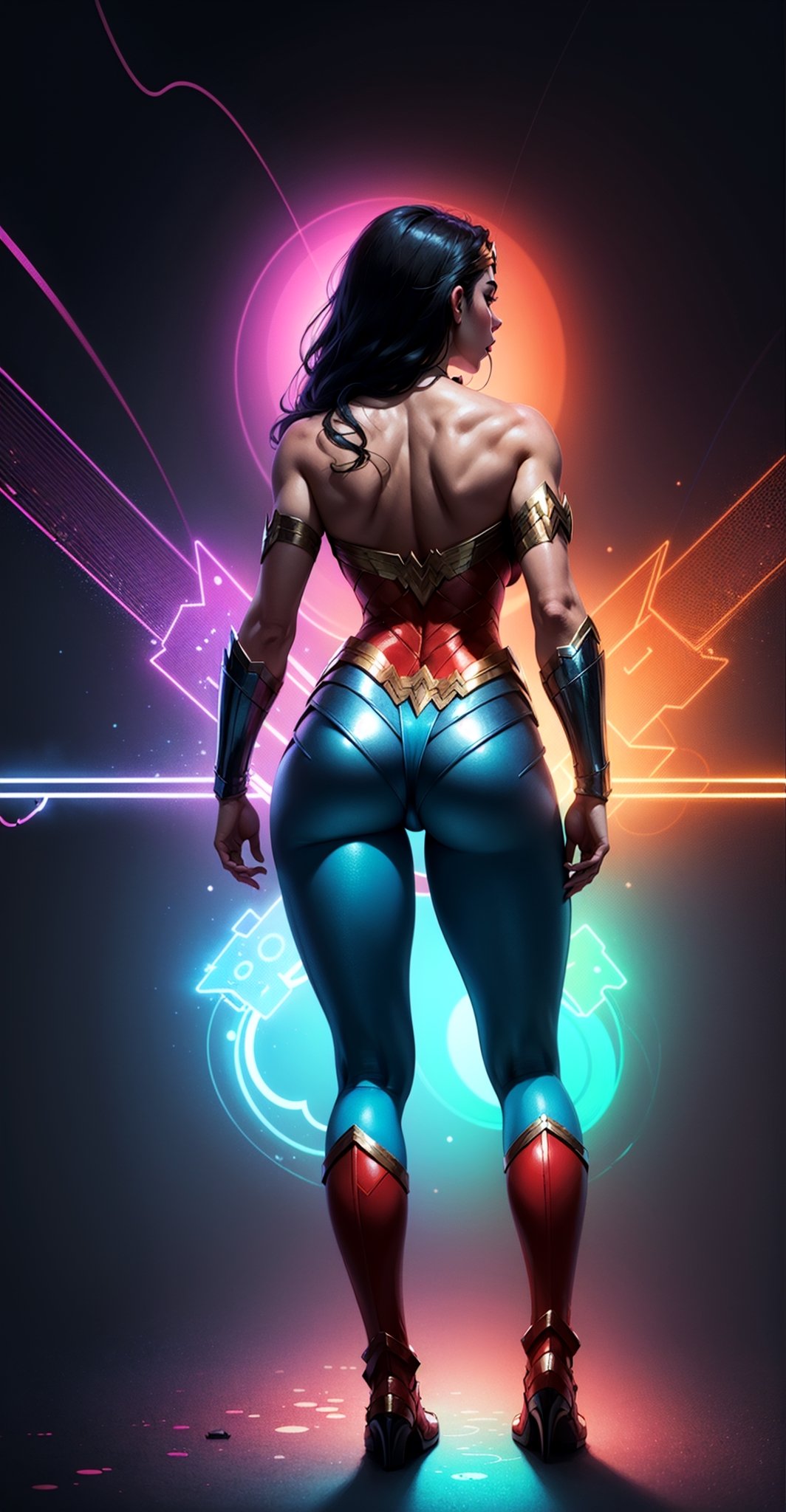 Wonder Woman (big tits),(( view from behind)), ((full body)),masterpiece, best quality, ((abstract, psychedelic, neon, background)),(creative:1.3), sy3, SMM, fantasy00d