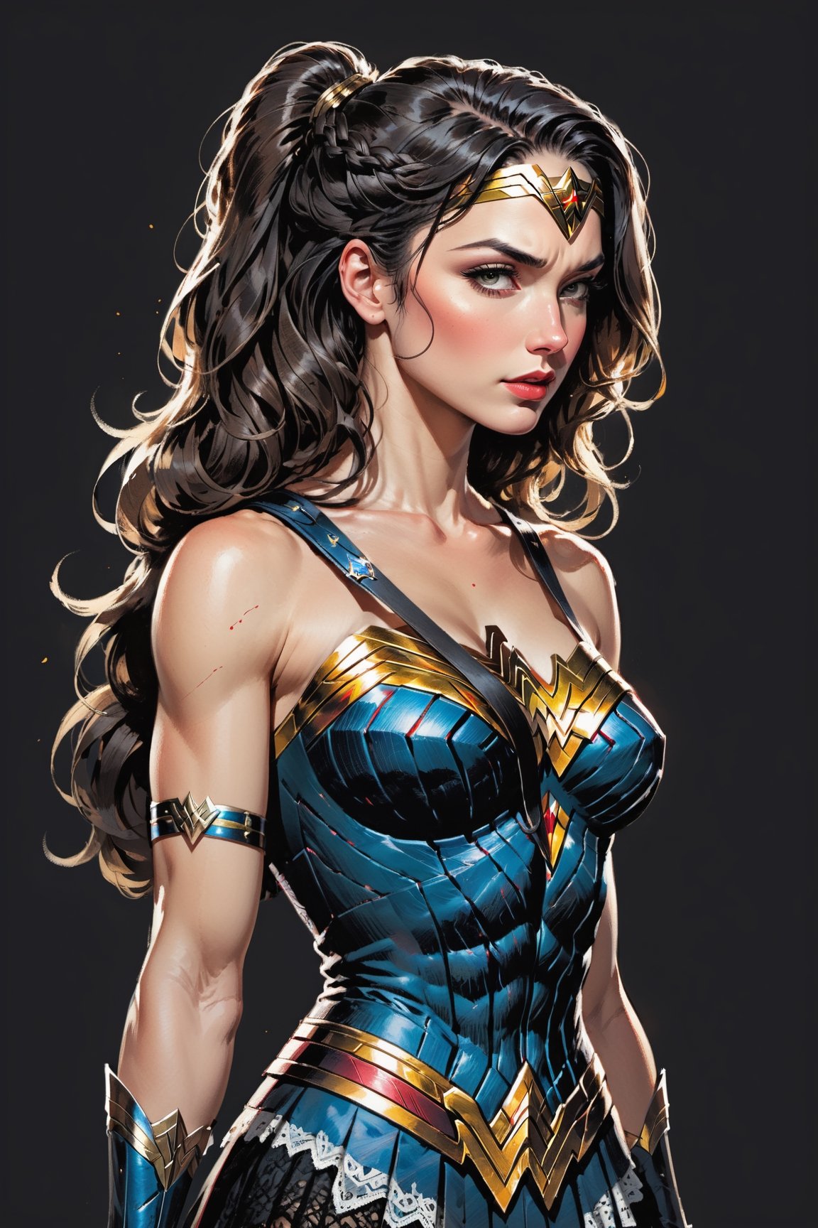 dark, gritty, realistic, mix of bold dark lines and loose lines, bold lines, on paper, turnaround character sheet, a stunningly beautiful (masterpiece, best quality:1.3), (2d:1.3), ink (medium), t-shirt design, White background, Full body, 2D illustration,  (((Wonder Woman))). bits of color, Sketch book, hand drawn, dark, gritty, realistic sketch, Rough sketch, mix of bold dark lines and loose lines, bold lines, on black paper, turnaround character sheet. Half body, ((she is looking over her shoulder)), ((she's wearing a lacy Victorian dress)), arcane symbols, runes, dark theme, flowing partially braided Black hair, large long ponytail, (sharp lines), lines of bold ink, strong outlines, bold strokes, high contrast, (professional vector), best quality, flat colors, flat lights, no shadows, low levels, ((geometric shapes)), paint splatters, arcane symbols, runes, dark theme, Perfect composition golden ratio, masterpiece, best quality, 4k, sharp focus. Better hand, perfect anatomy, ((safe for work))