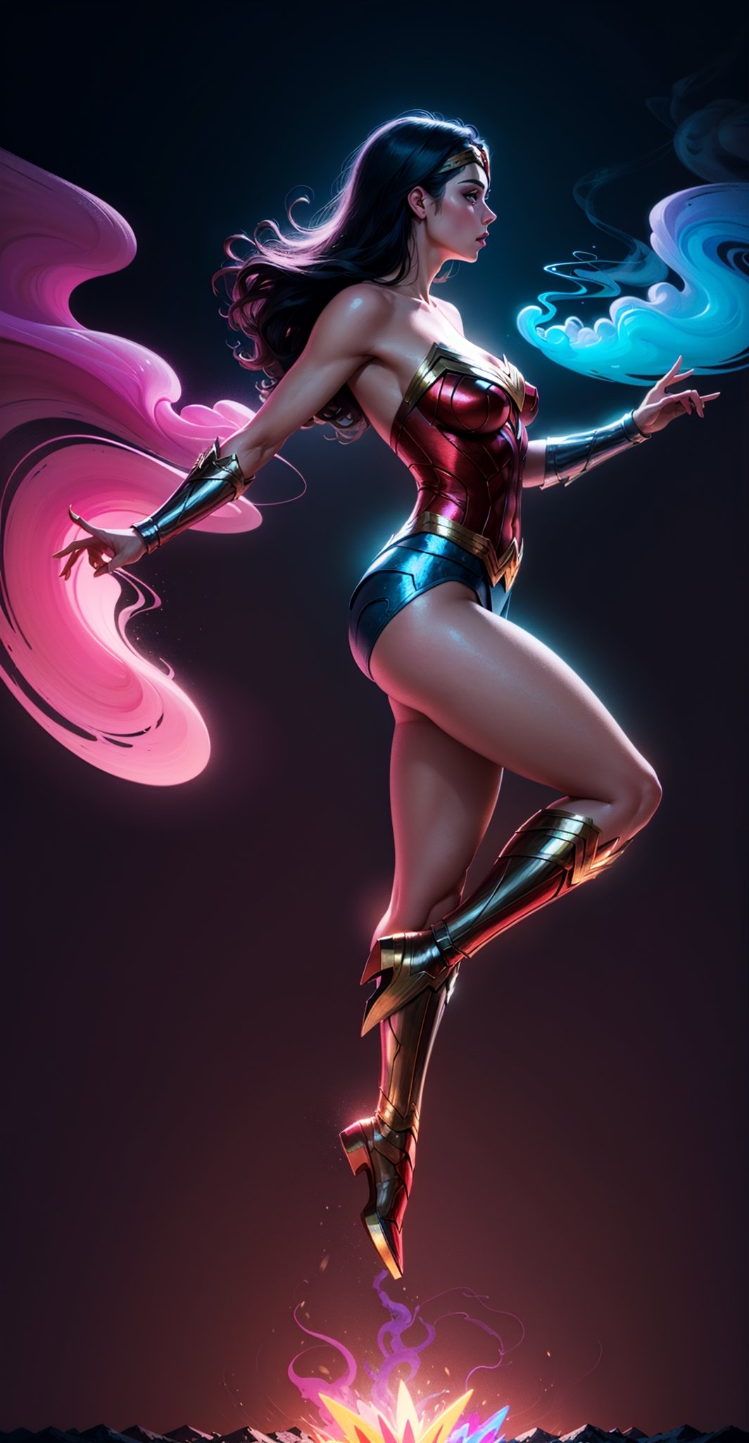 Wonder Woman (big tits),(( side view,)),((full body)),((floating in air)),masterpiece, best quality, ((abstract, psychedelic, neon, smoke, background)),(creative:1.3), sy3, SMM, fantasy00d